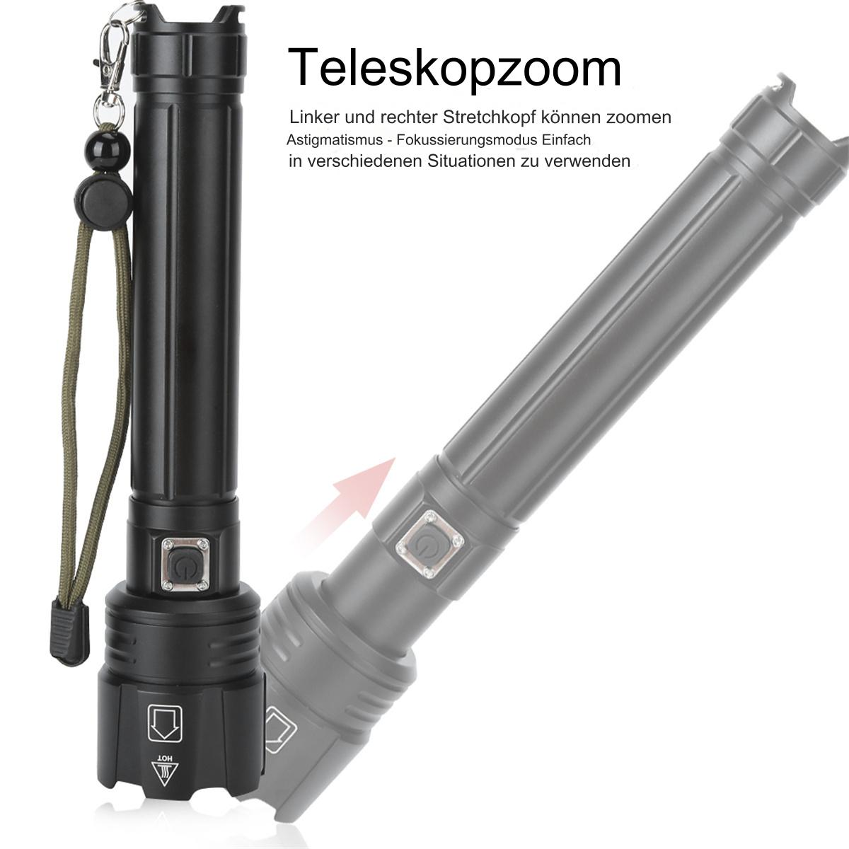 Schwarze Taschenlampe mit einstellbarem Zoom, einem Schlüsselband und Produktinformationstext.