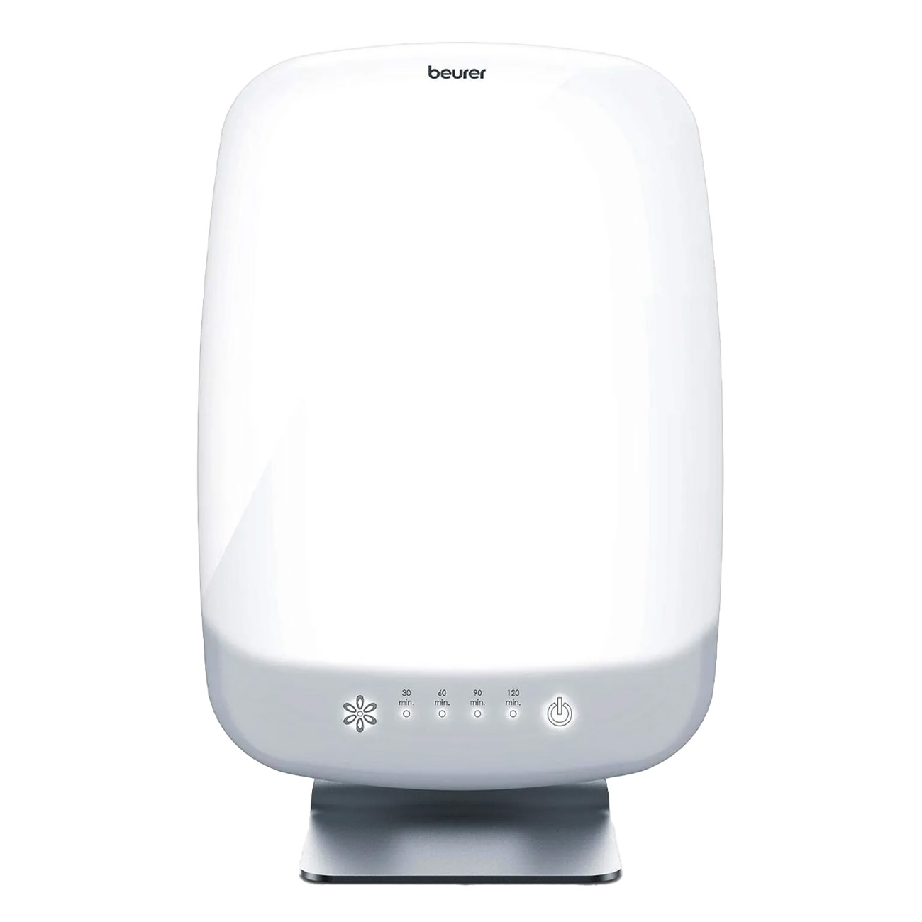 Weiße Lichttherapielampe mit Knöpfen unten und weißer Basis.