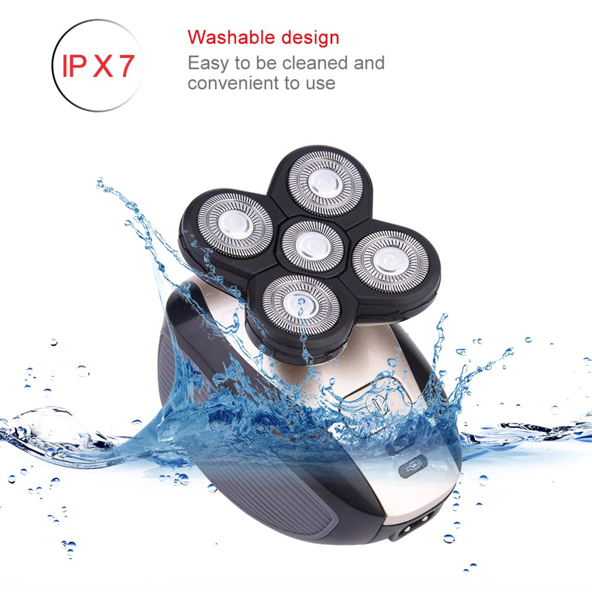 Elektrischer Rasierer mit fünf rotierenden Köpfen und Wasserspritzern. Text: 'Waschbares Design'.