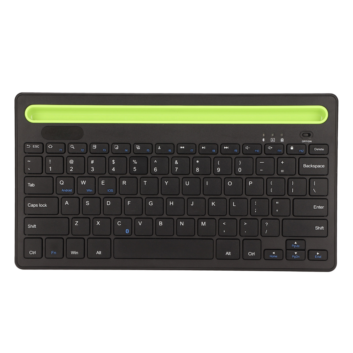Eine schwarze Tastatur mit grünem Balken oben. Sie hat viele Tasten mit Symbolen und Buchstaben.