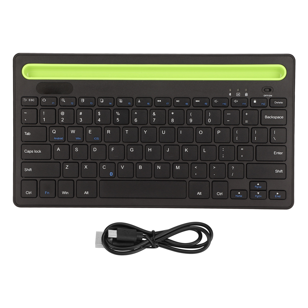 Eine schwarze Tastatur mit einem grünen Balken. Die Tastatur hat weiße Tasten und ein USB-Kabel angeschlossen.