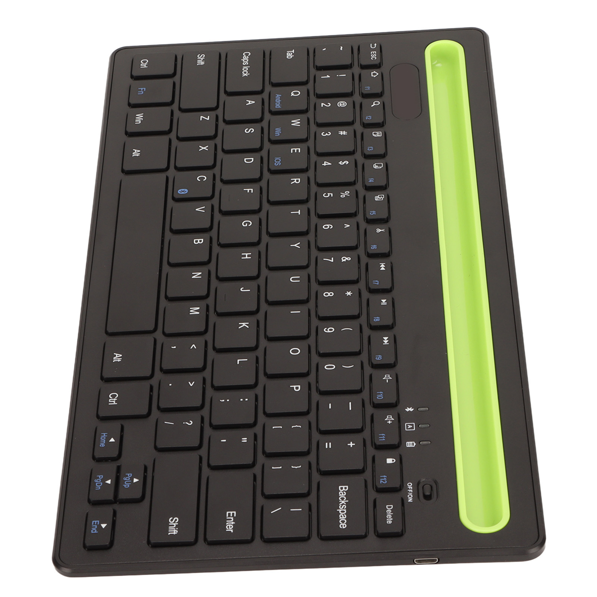 Eine schwarze Tastatur mit einem grünen Streifen oben.
