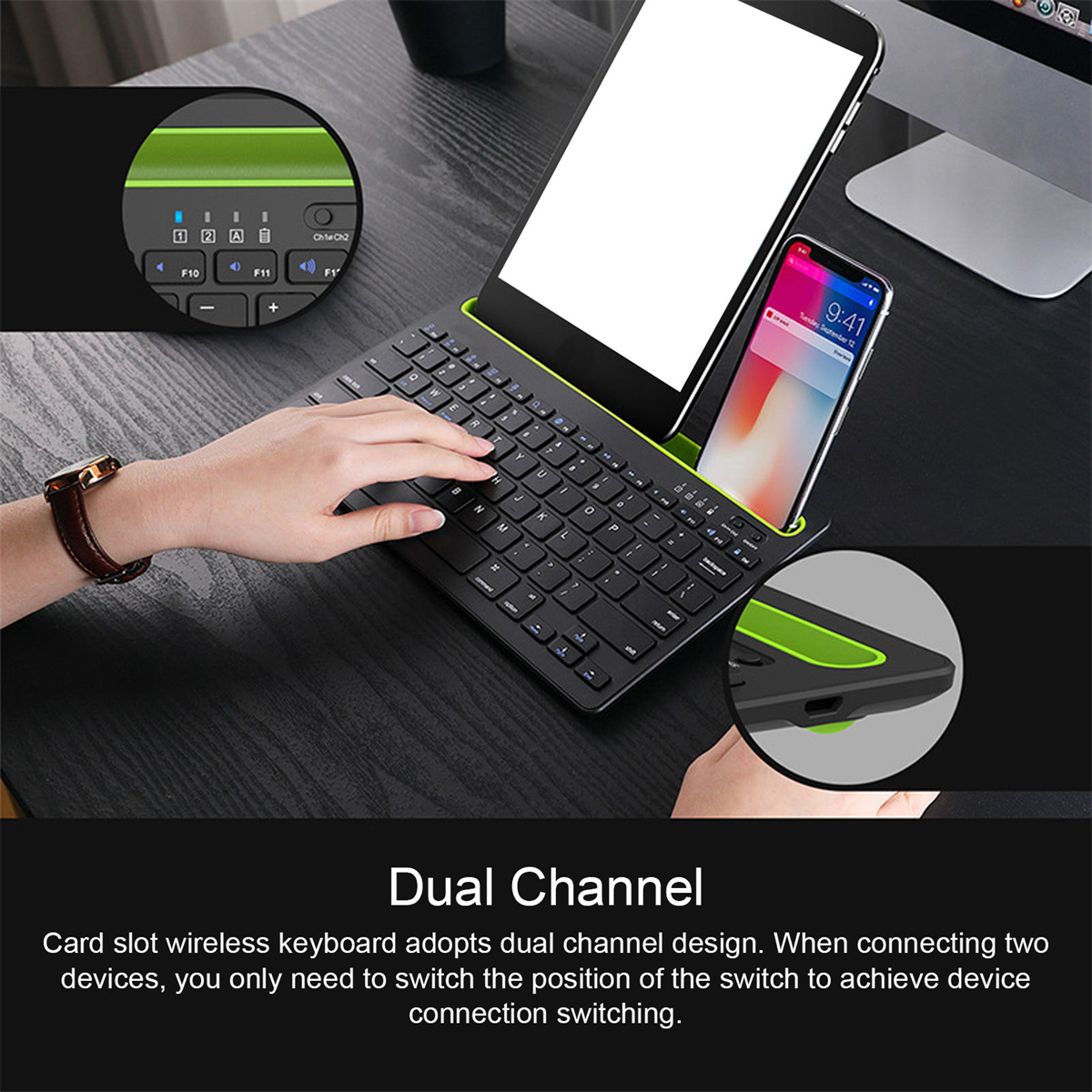 Schwarze Tastatur mit Smartphone obenauf. Die Hand einer Person liegt auf der Tastatur. Schwarzer Schreibtisch.
