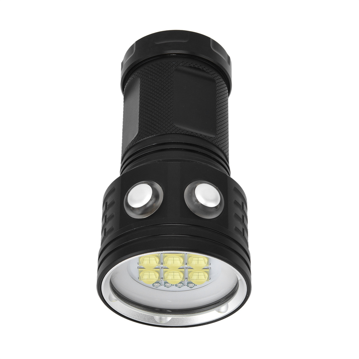 Schwarze Taschenlampe mit hellen LED-Leuchten. Mit zwei Knöpfen und strukturiertem Griff.
