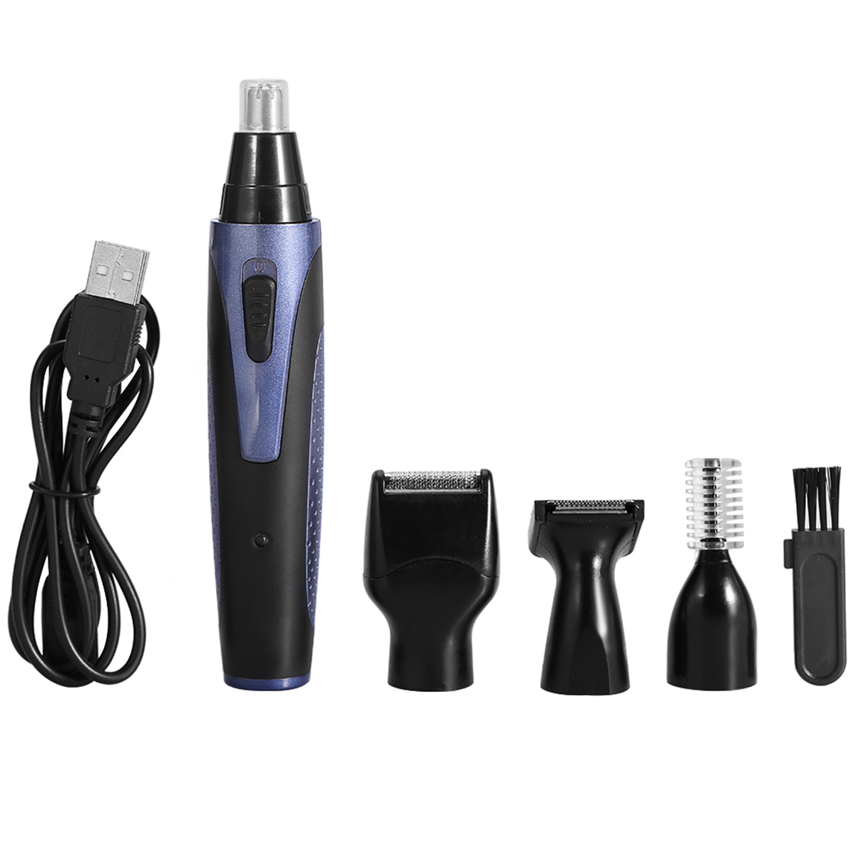 Ein schwarzer Nasenhaartrimmer mit mehreren Aufsätzen und einem USB-Ladekabel.