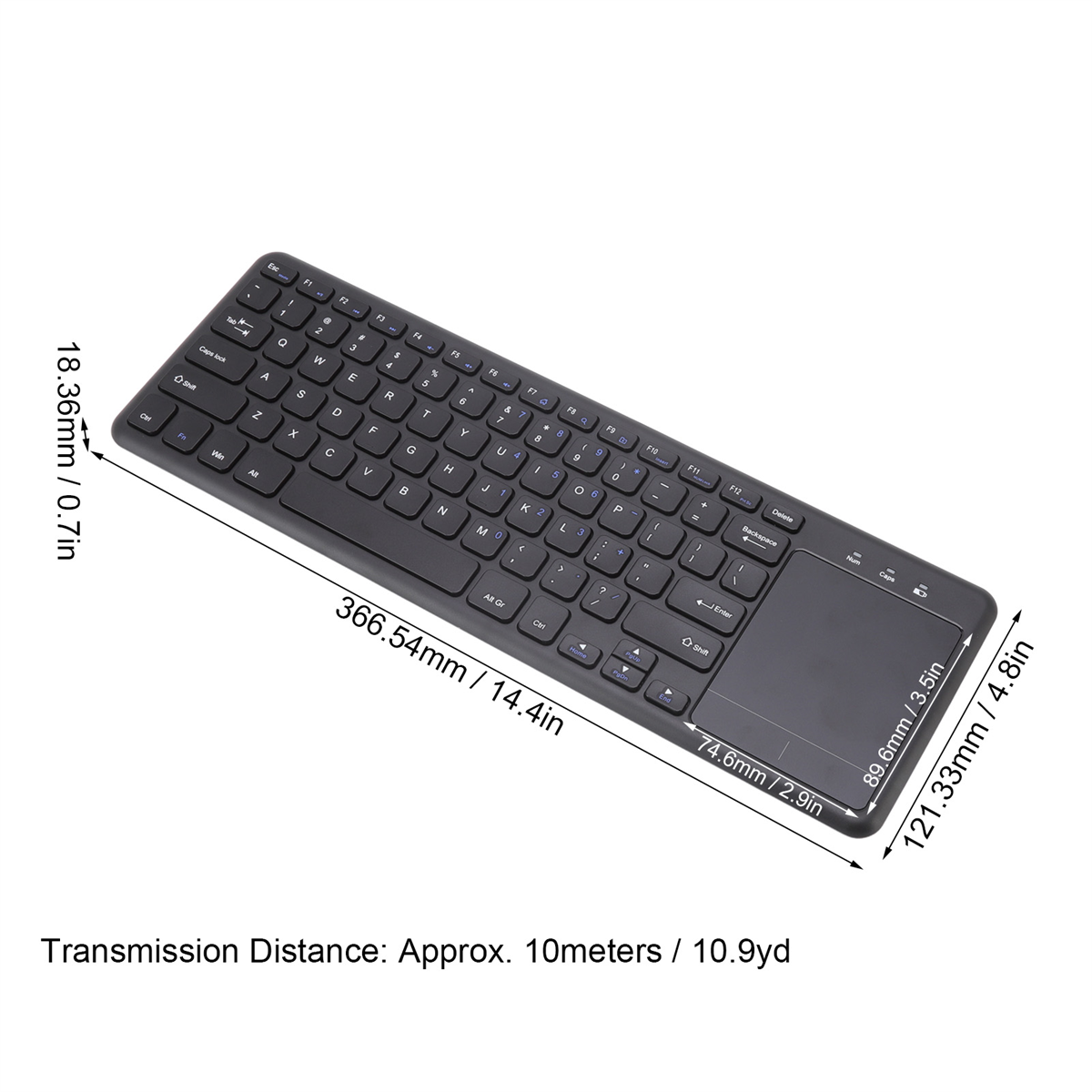 Schwarze Tastatur mit Touchpad und Abmessungen in Millimetern und Zoll.