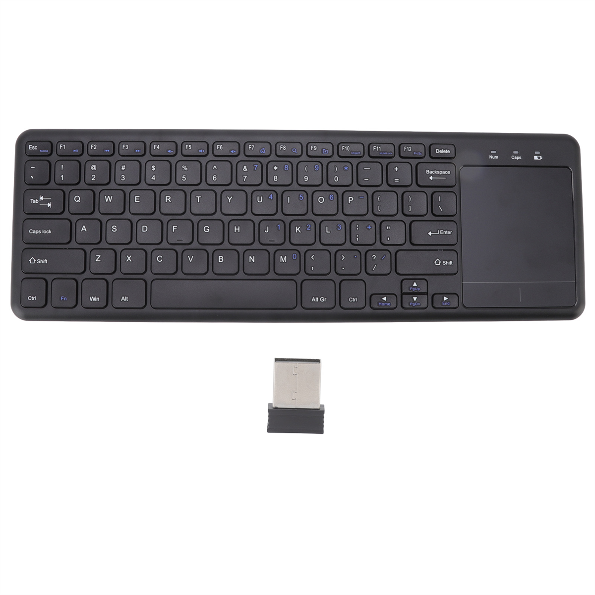 Schwarze Tastatur mit Touchpad und USB-Empfänger. Weißer Hintergrund.
