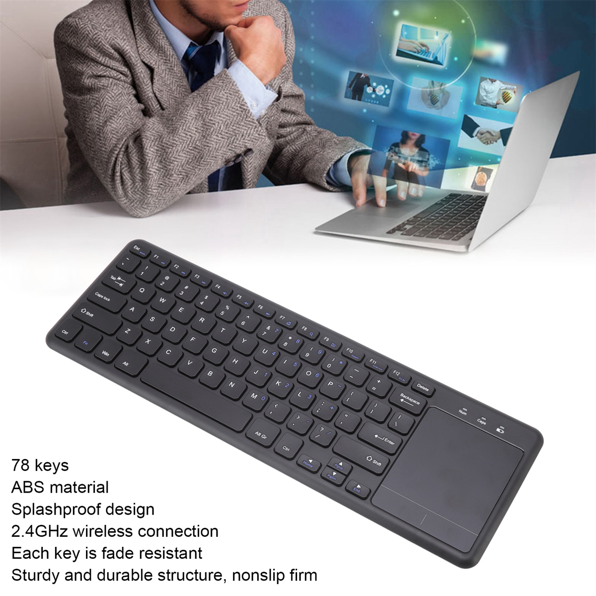 Eine schwarze Tastatur mit Touchpad und Text, der die Tastaturmerkmale beschreibt.