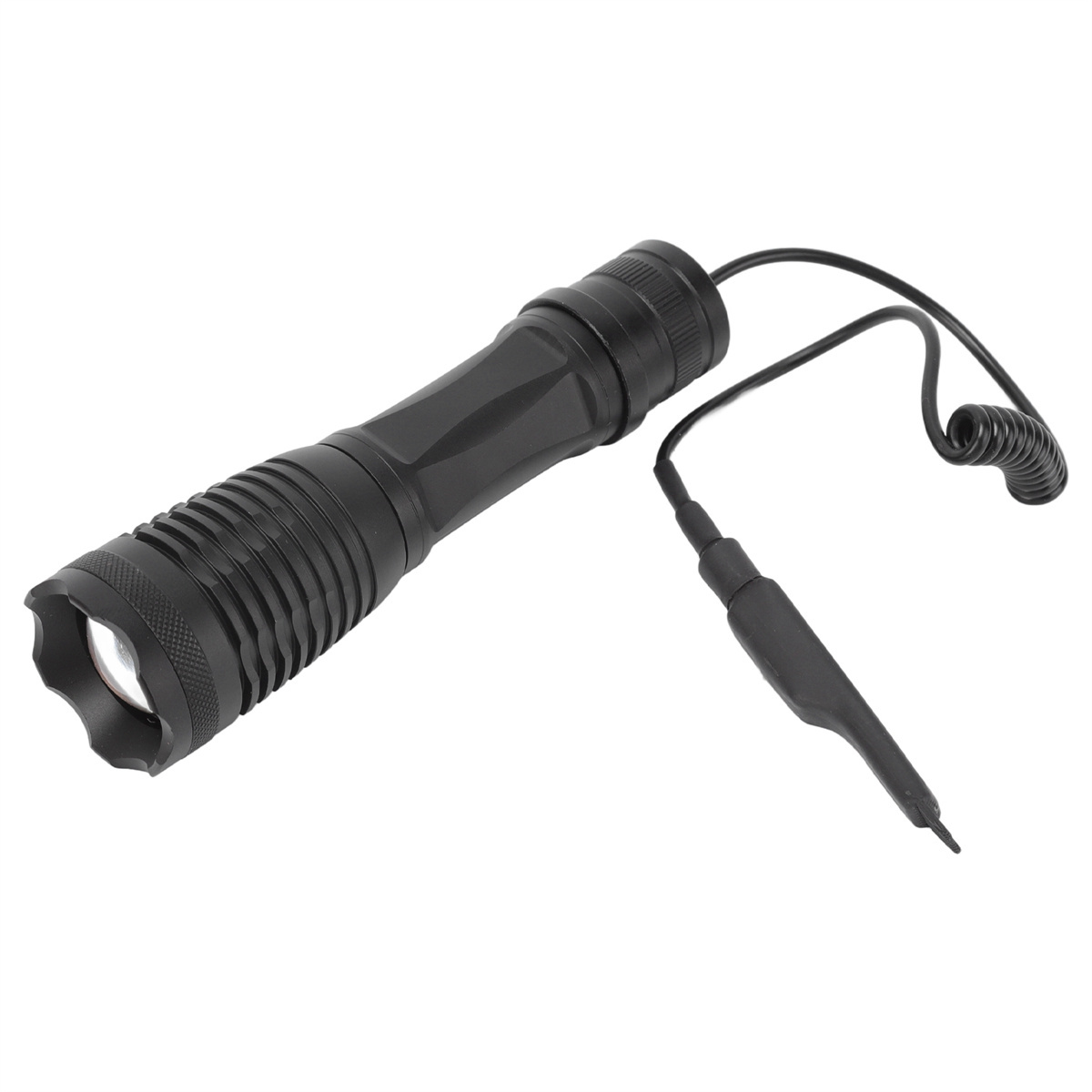 Schwarze Taschenlampe mit Kabel, Linse nach links gerichtet, auf weißem Grund.