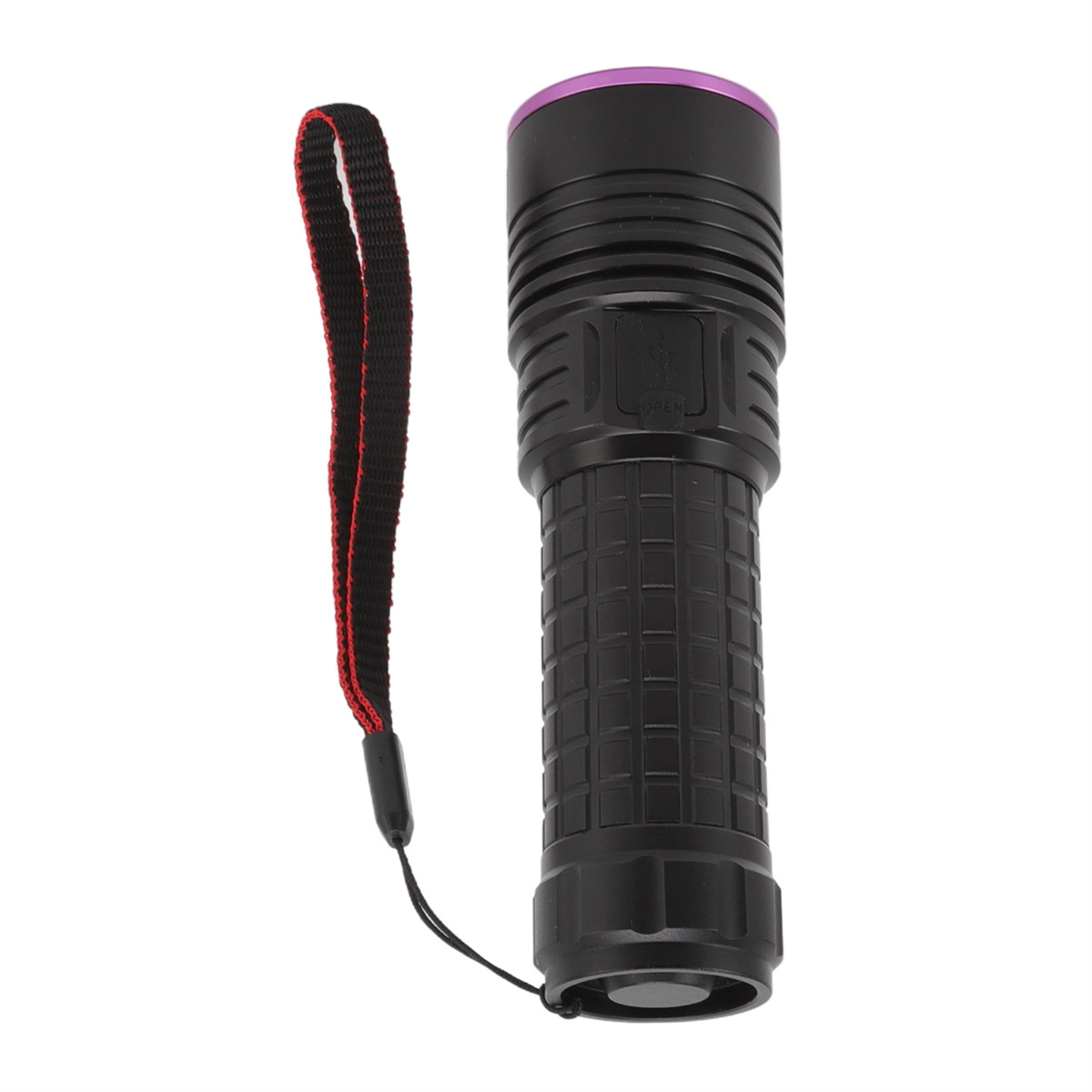 Eine schwarze Taschenlampe mit rotem Ring und violettem Deckel, mit Handschlaufe.
