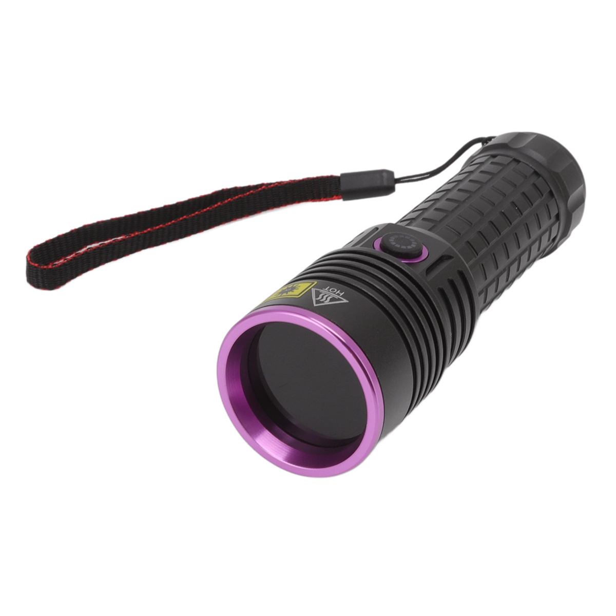 Schwarze Taschenlampe mit violetten Akzenten. Die Taschenlampe hat eine Handschlaufe und einen Knopf an der Seite.