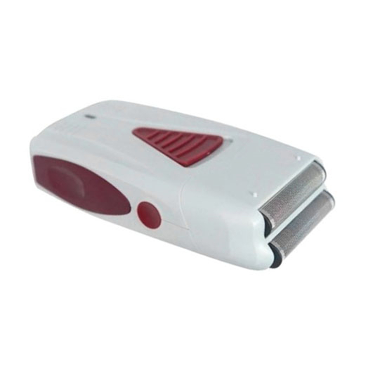 Weißer und roter Elektrorasierer. Er hat zwei silberne Rollen und einen roten Knopf oben.