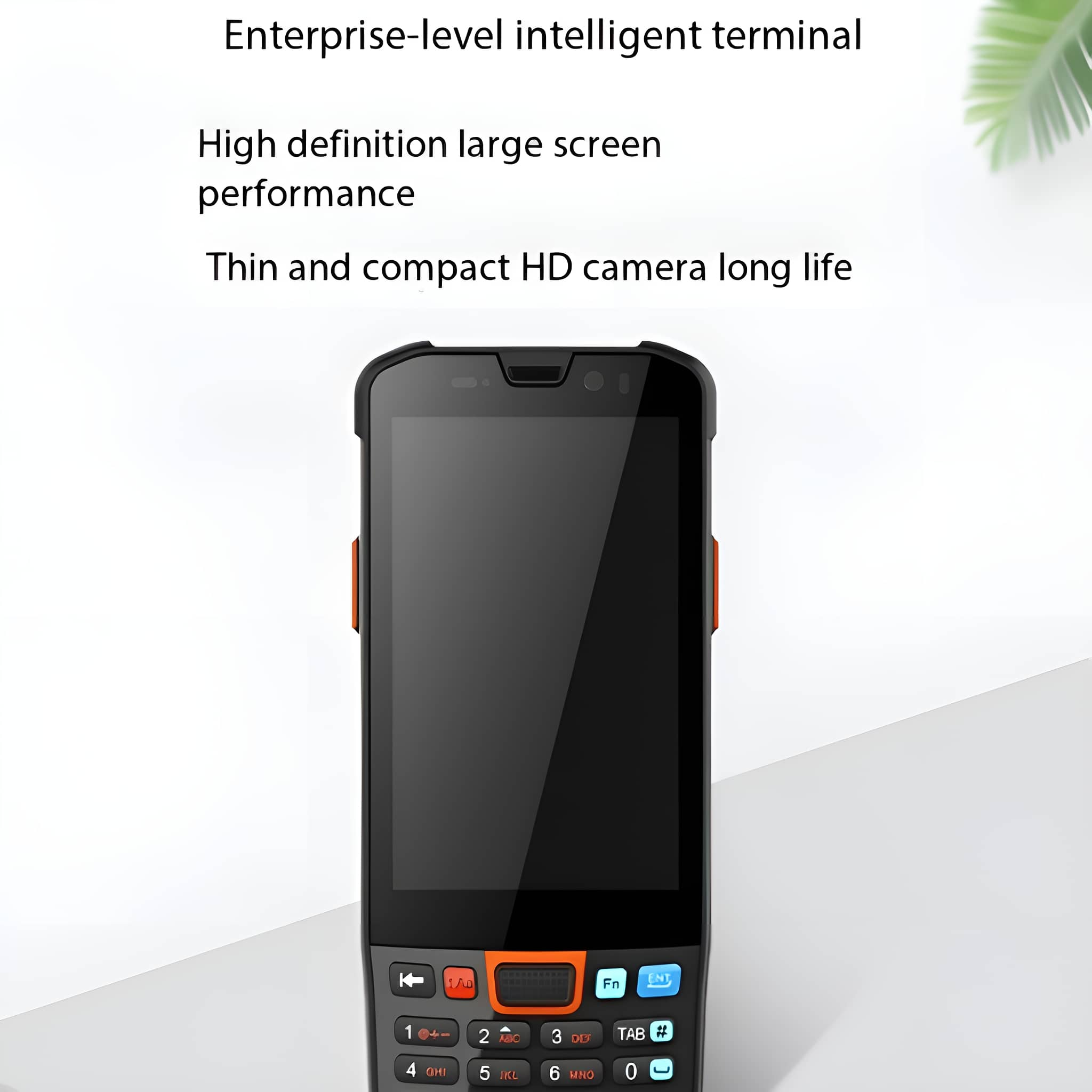 Ein schwarzes Smartphone mit orangefarbener Umrandung und Text über seine Funktionen.