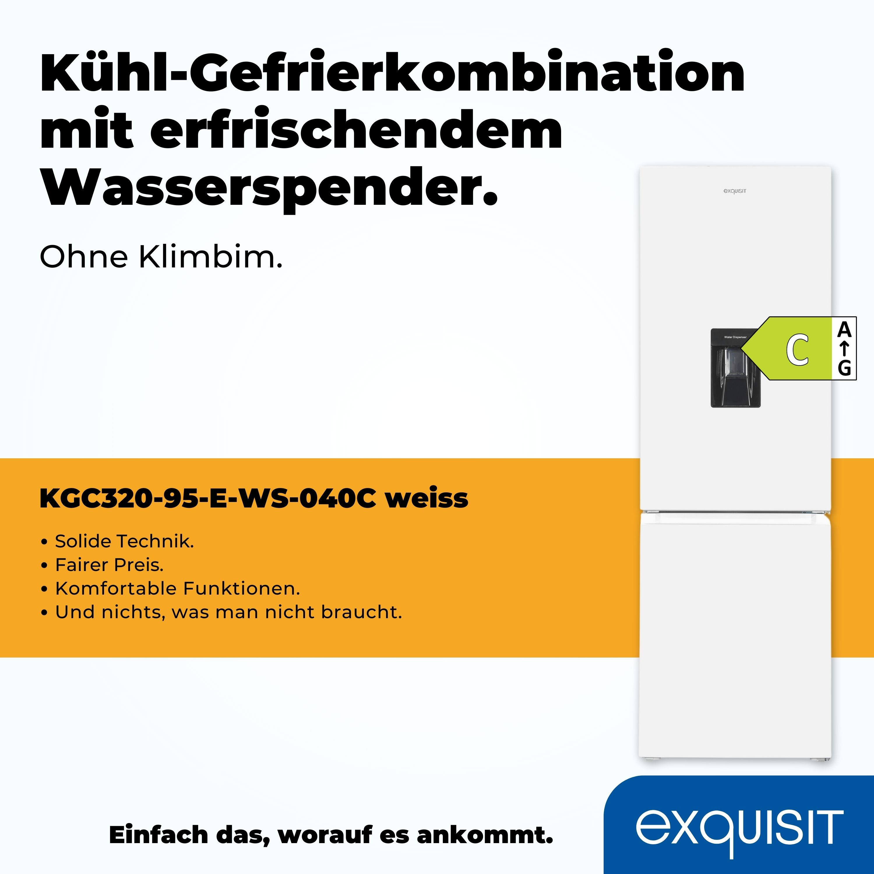 Weißer Kühlschrank mit Energielabel. Text auf der Seite. Weißer Hintergrund.