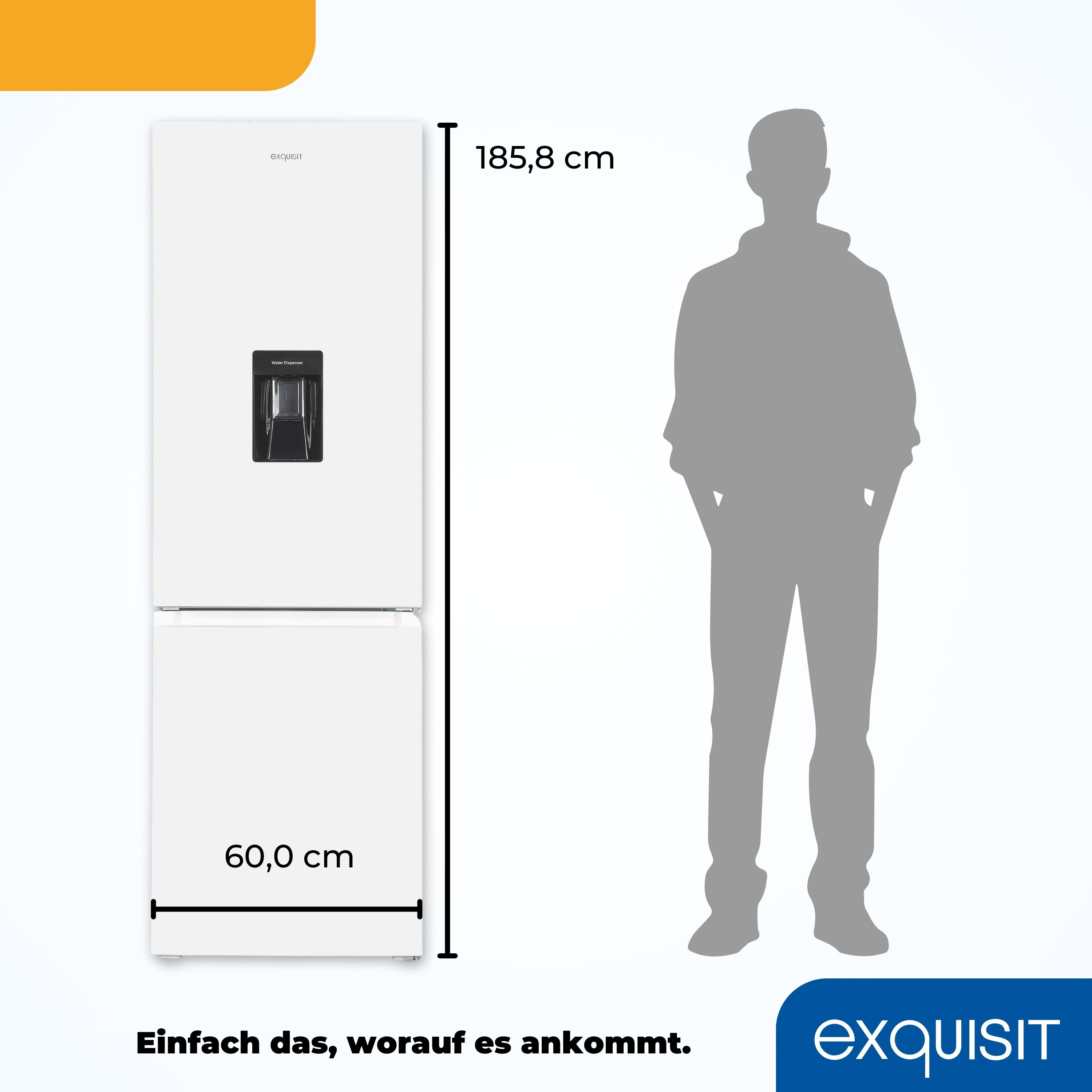 Ein weißer Kühlschrank mit Wasserspender, neben einer grauen Silhouette einer Person.