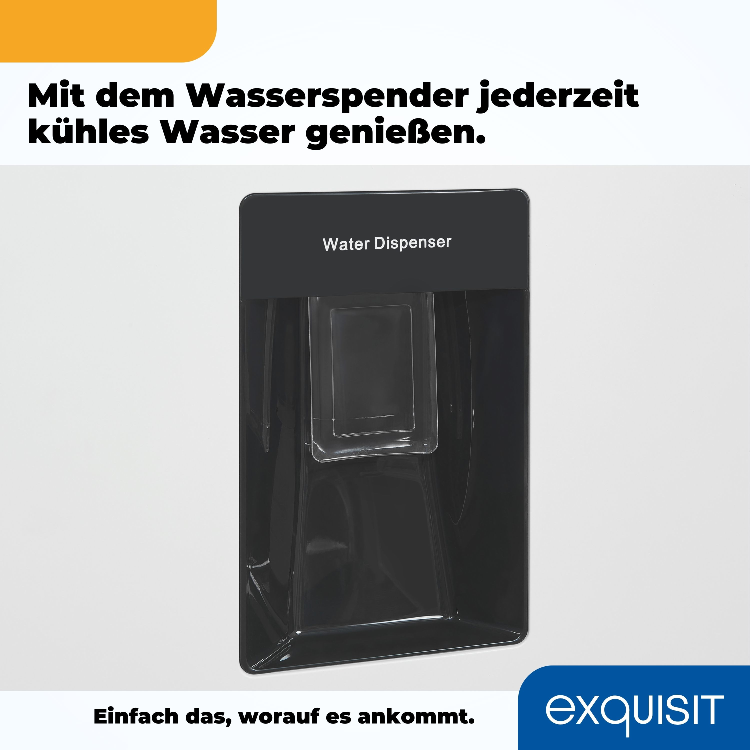 Ein schwarzer Wasserspender mit der Aufschrift 'Water Dispenser'. Vor weißem Hintergrund.