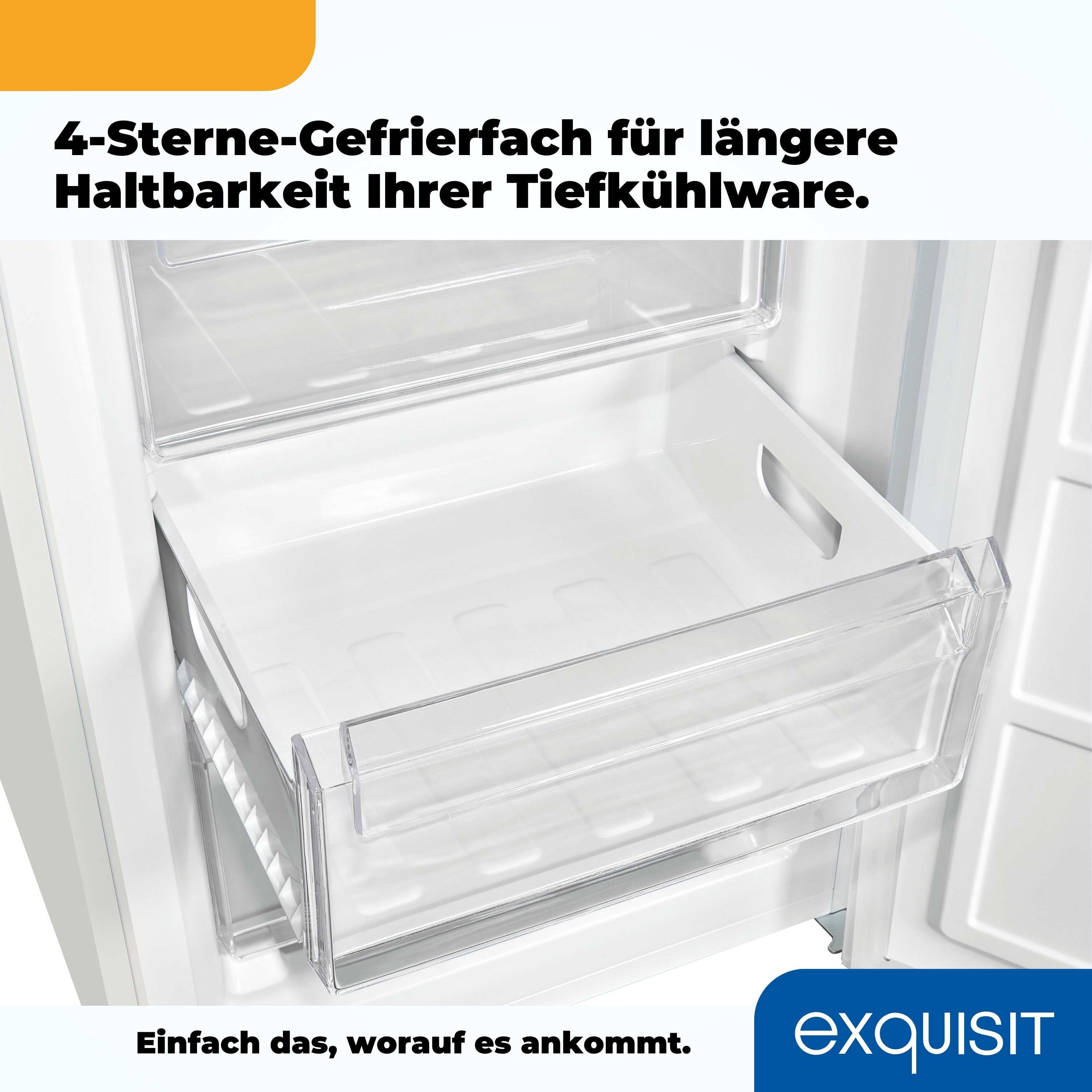 Weißer Kühlschrankinnenraum mit transparenten Schubladen. Text: 4-Sterne-Gefrierfach für längere Lagerung.