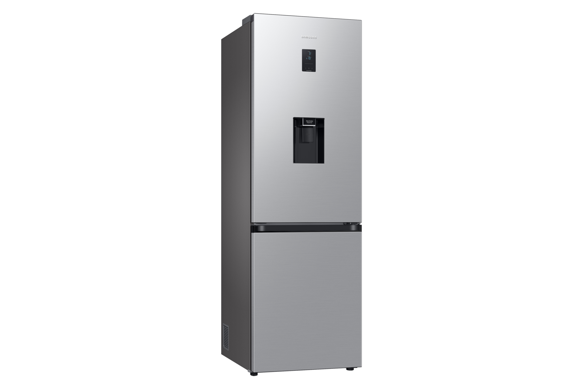 Moderner silberner Kühlschrank mit schwarzem Innenraum und Wasserspender an der Tür.