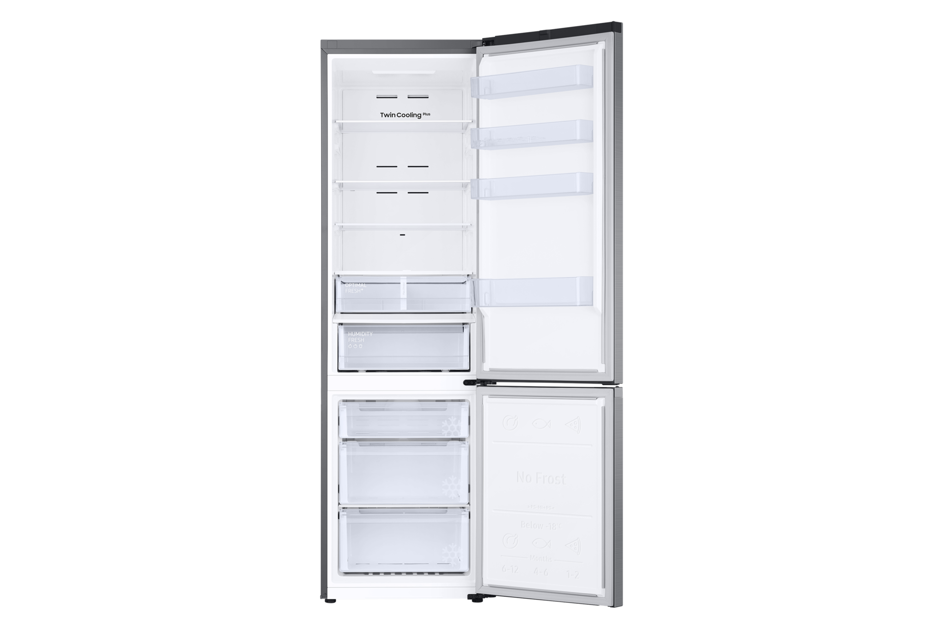 Wnętrze lodówki, pokazujące półki, szuflady i system Twin Cooling.