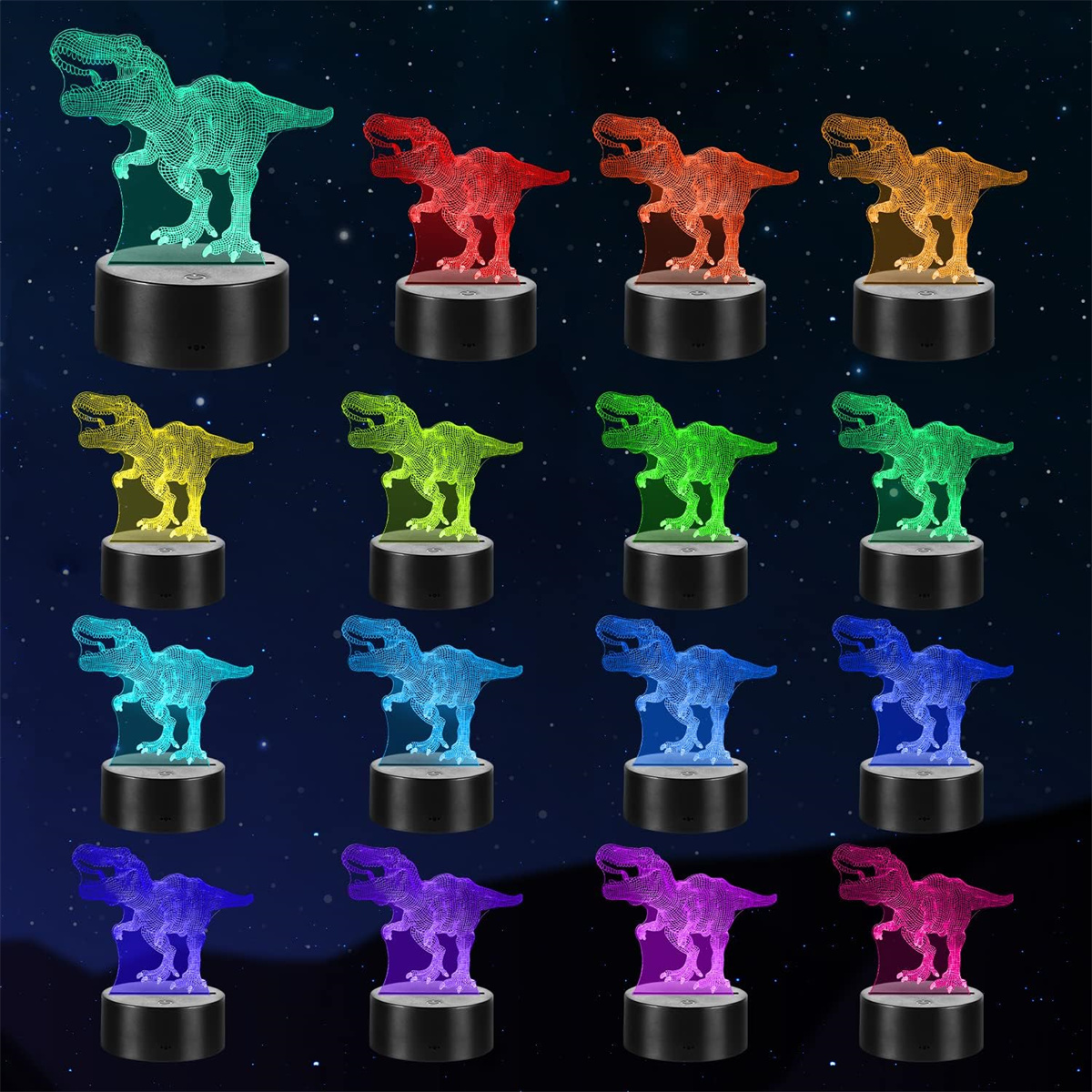 Mehrere Dinosaurier-Nachtlichter, jedes in einer anderen Farbe beleuchtet, vor einem dunklen, sternenbesetzten Hintergrund angeordnet.