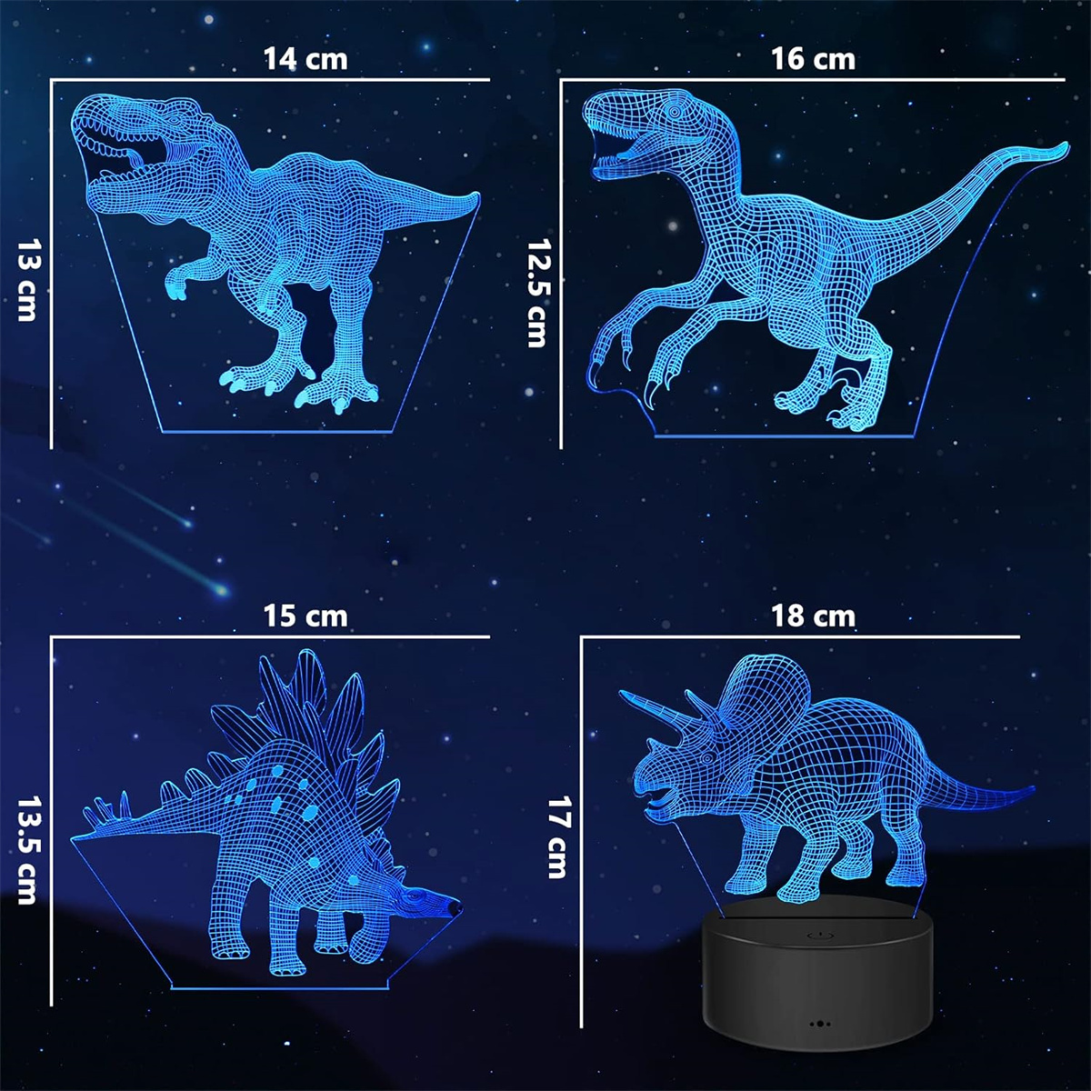 Vier beleuchtete Dinosaurierfiguren mit Maßen auf blauem Hintergrund. Jede ist eine andere Art.