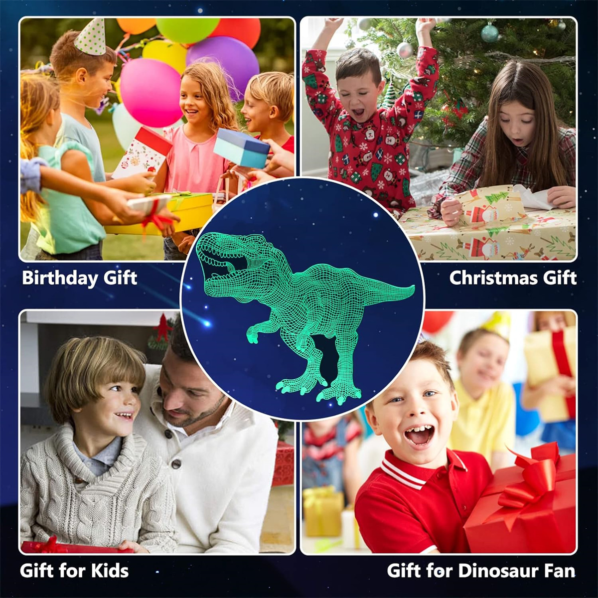 Vier Bilder von Kindern mit Geschenken. Das zentrale Bild ist eine grüne Dinosaurier-Umrisse.