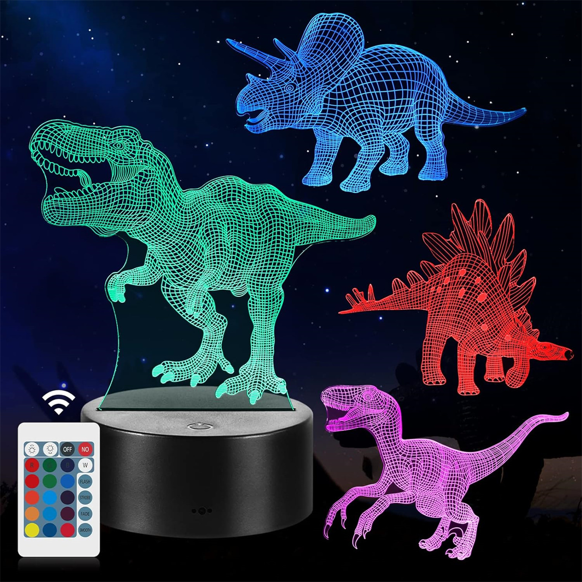 Vier dinosaurierförmige LED-Lampen mit Fernbedienung auf dunklem Hintergrund.