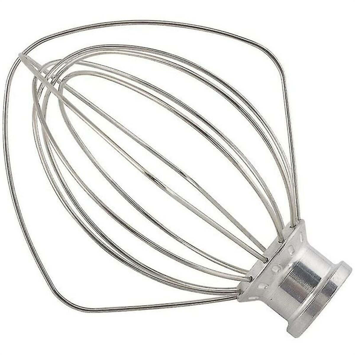 Schneebesen-Aufsatz für einen Mixer. Er besteht aus dünnen, gebogenen Metalldrähten. Die Basis ist silberfarben.