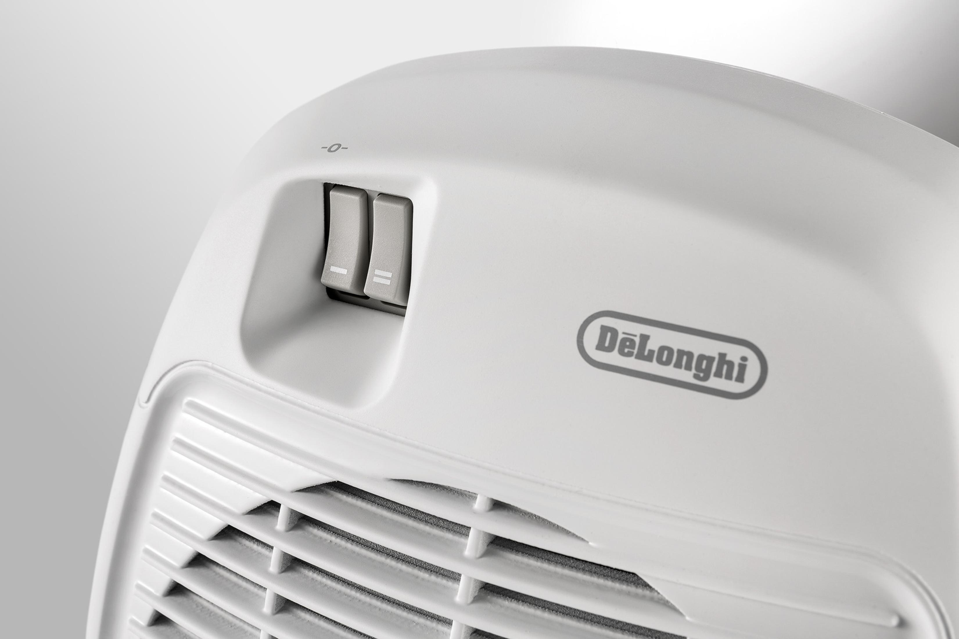 Biały, zakrzywiony oczyszczacz powietrza z marką 'DeLonghi'. Posiada przełączniki i szczelinowy wlot powietrza.