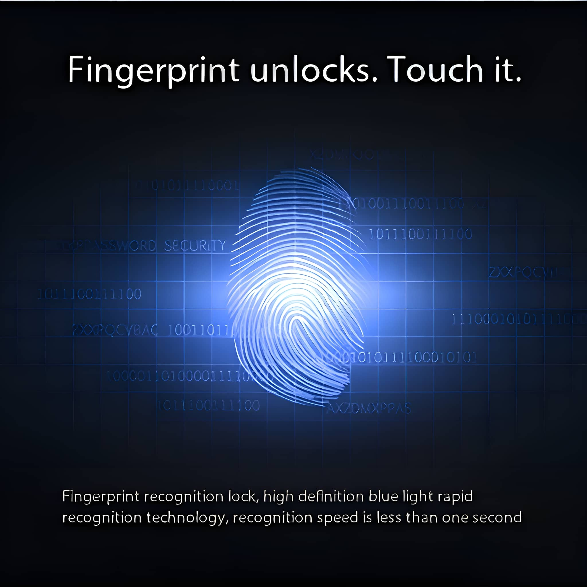 Digitaler Fingerabdruck-Scan auf blauem Hintergrund mit Binärcode, Fingerabdruckerkennung.
