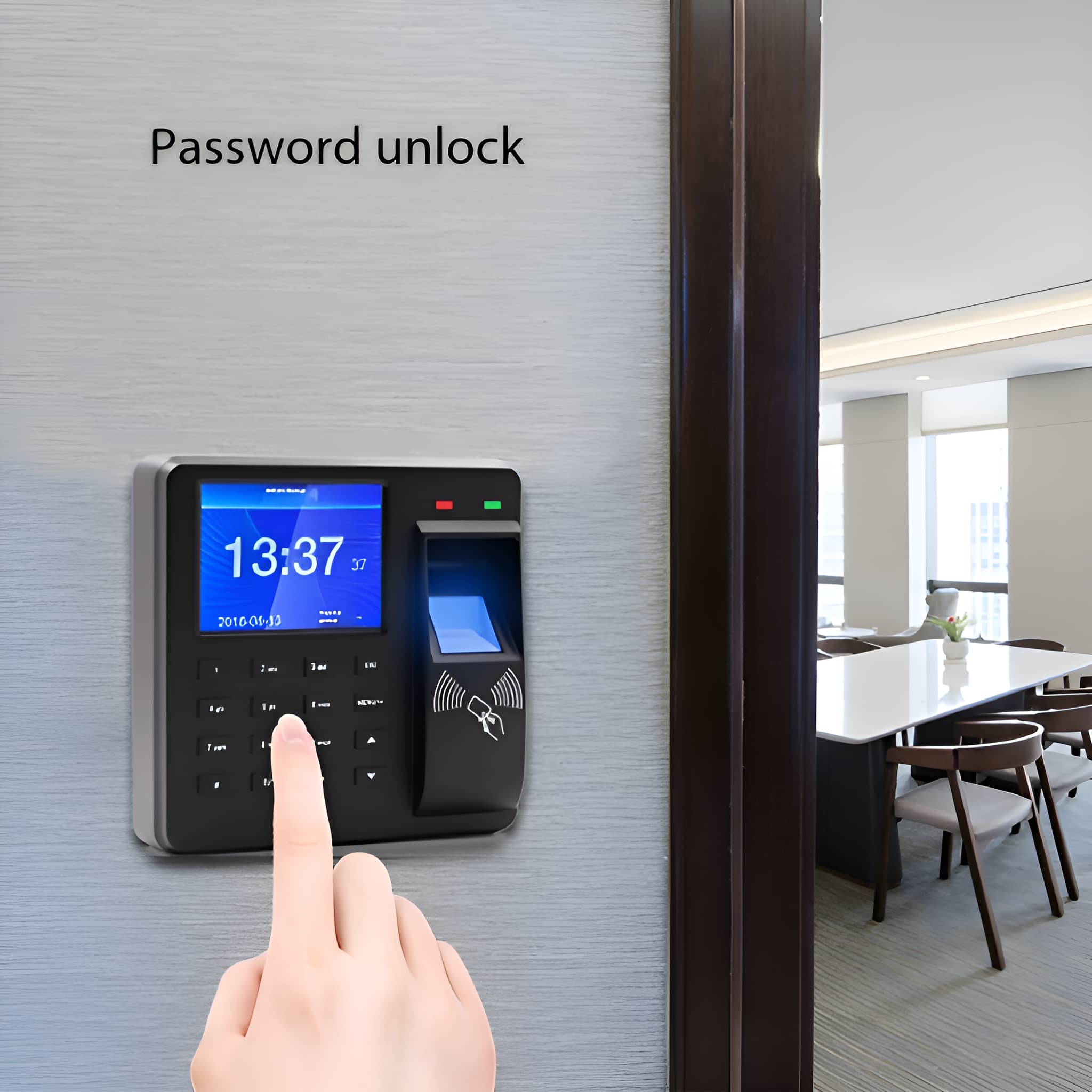 Ein Fingerabdruckscanner mit einem Bildschirm, der Zeit und Datum anzeigt, und den Worten Password unlock.