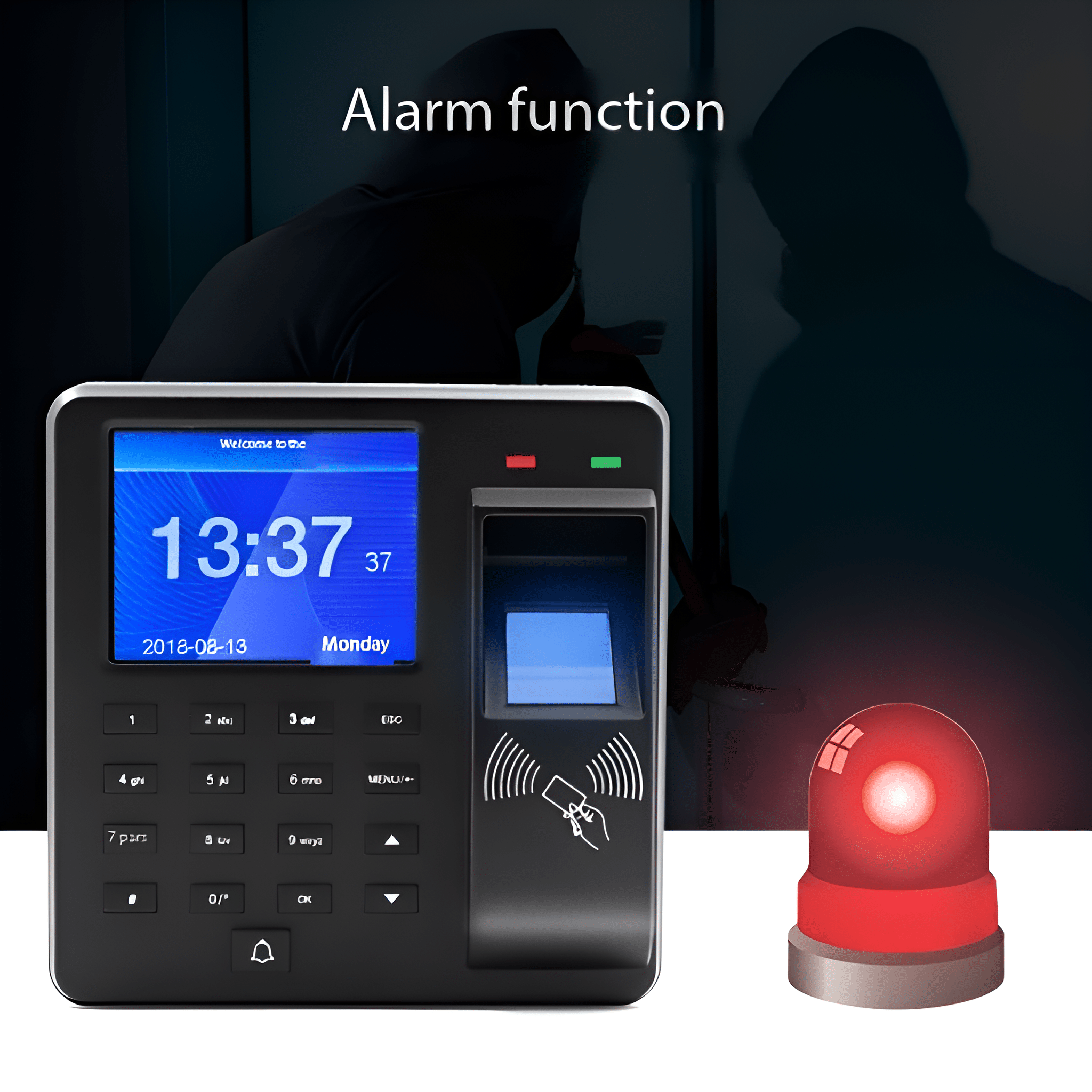 Sicherheitssystem mit Fingerabdruckscanner und Alarmlampe.
