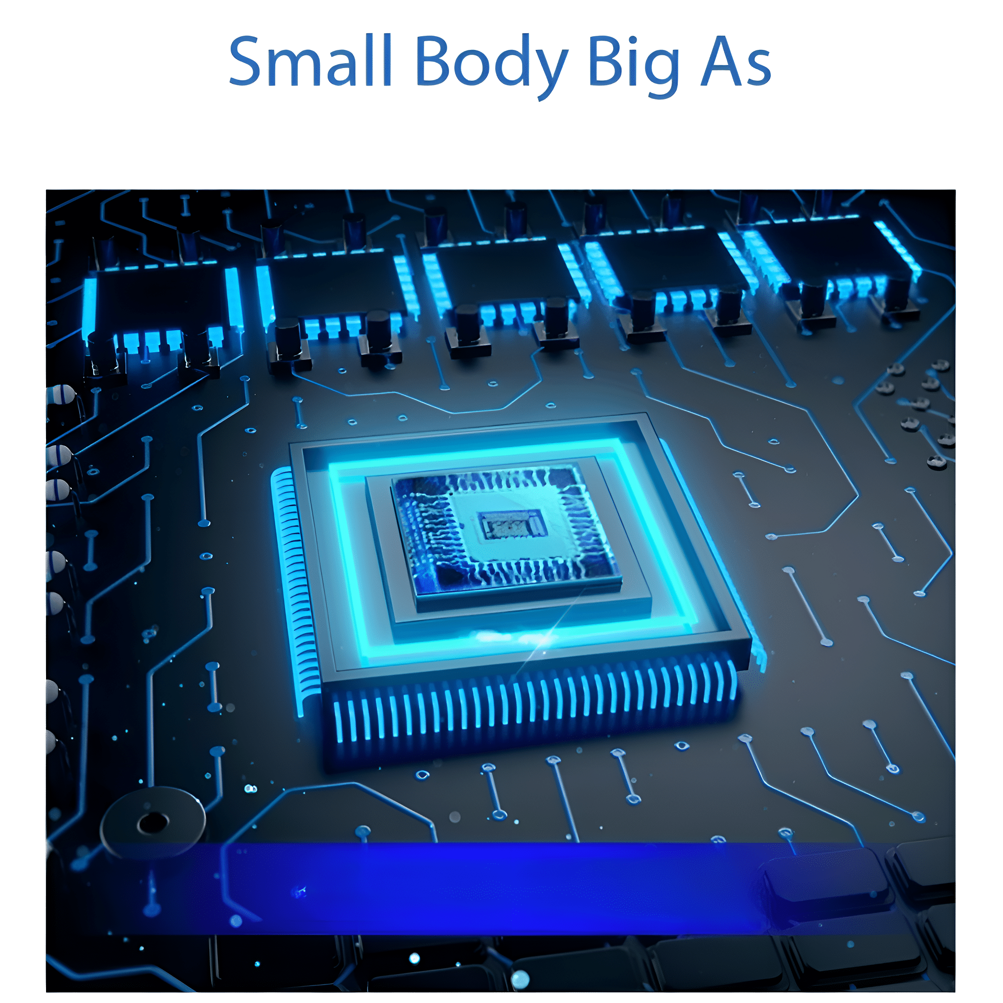 Nahaufnahme eines Computerchips mit blauen Lichtakzenten auf einer dunklen Leiterplatte.