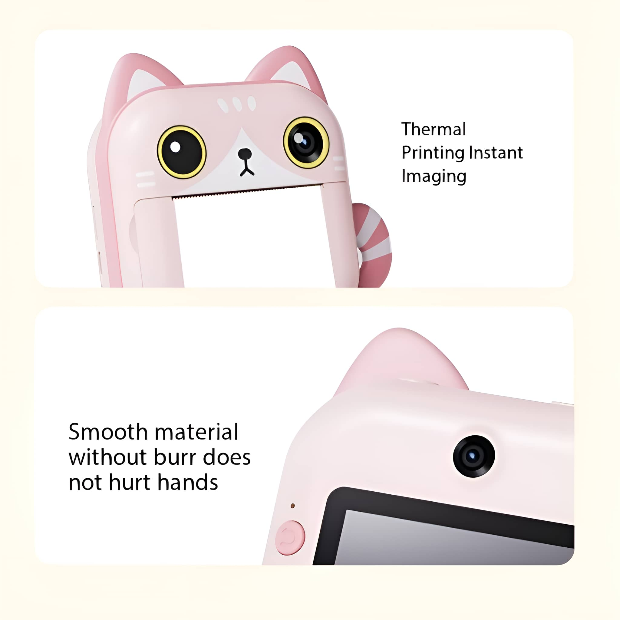 Eine rosa katzenförmige Sofortbildkamera mit Text, der ihre Druck- und Materialeigenschaften beschreibt.