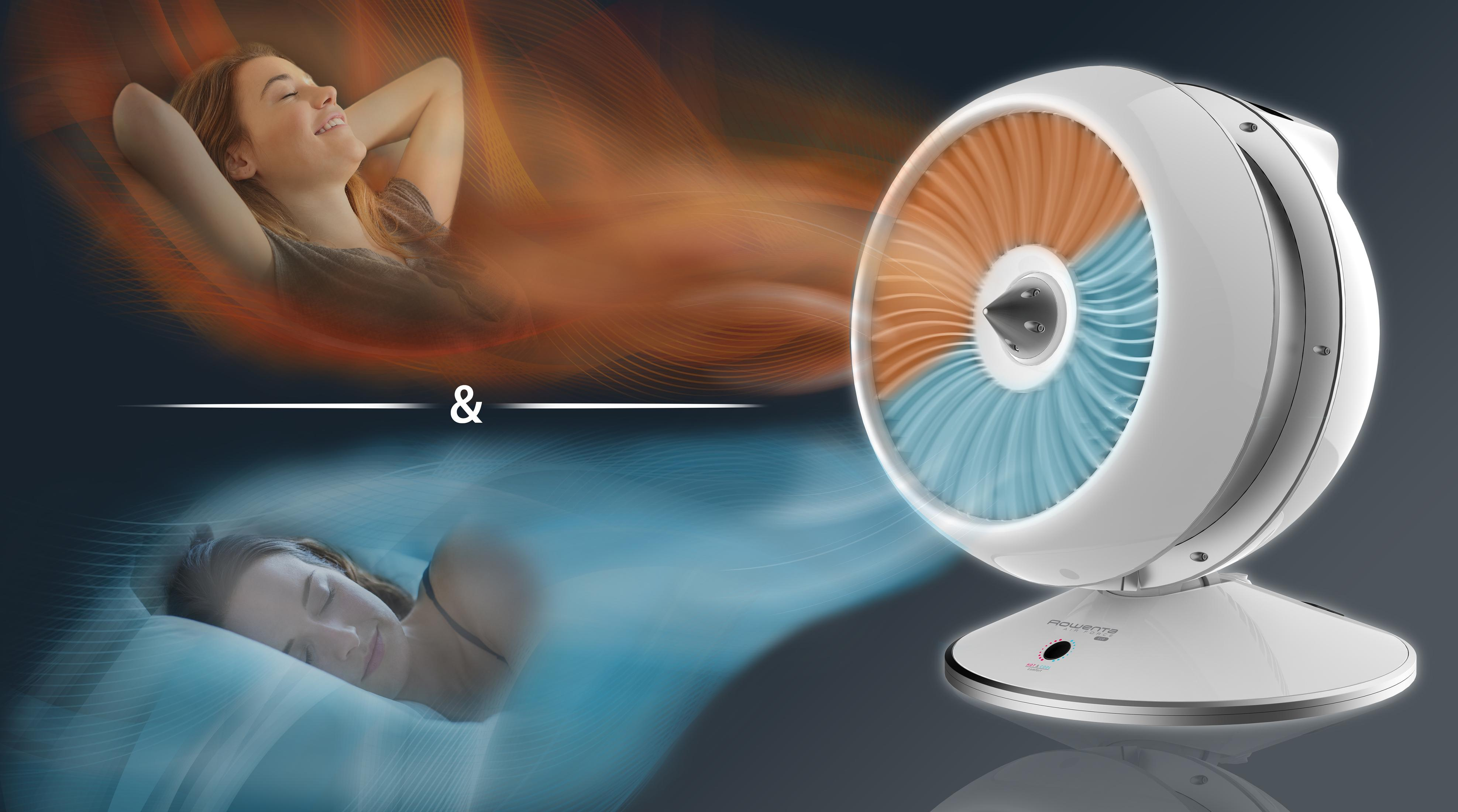 Ventilatore bianco e arancione con una donna che si rilassa e un'altra che dorme sullo sfondo.