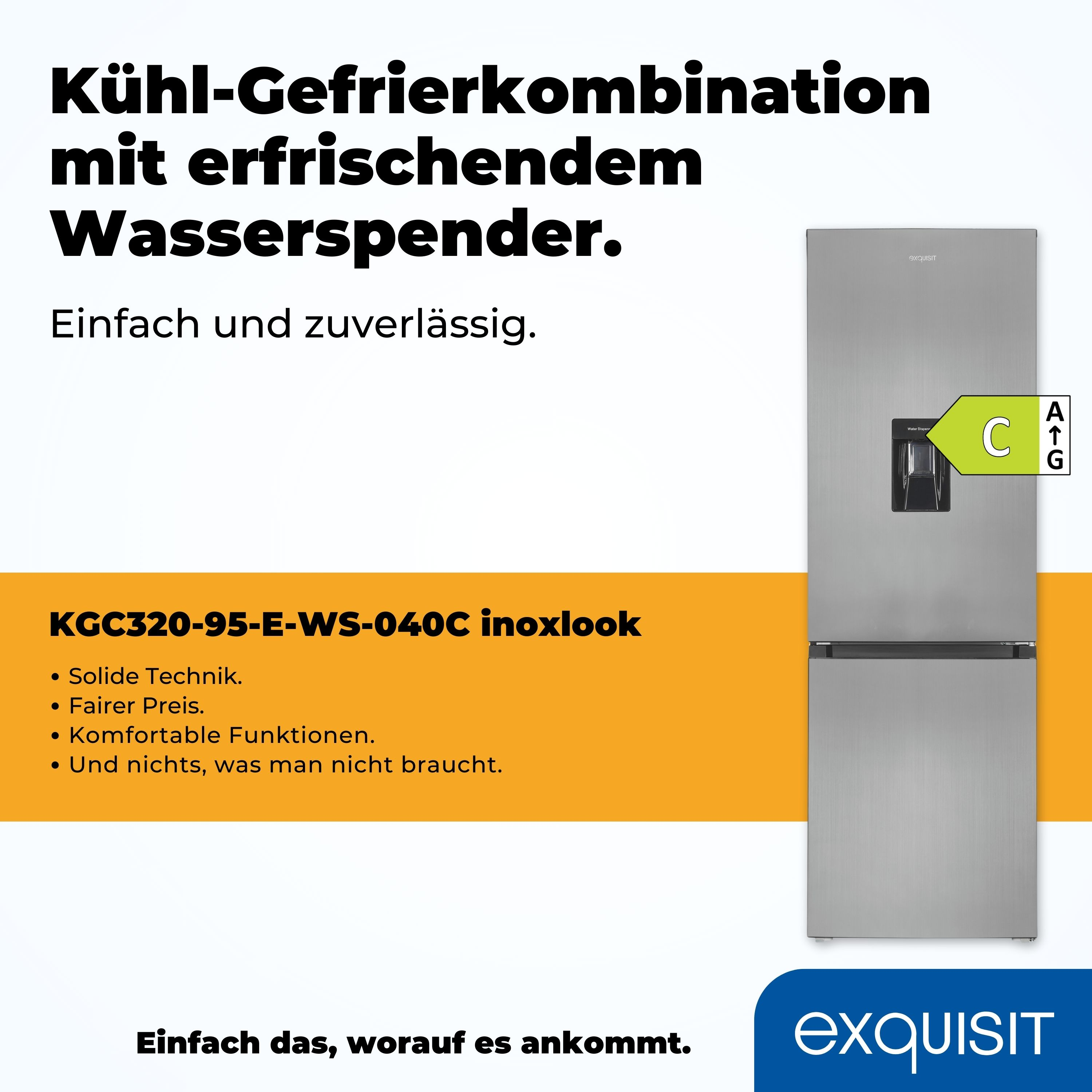 Ein silberner Kühlschrank mit Wasserspender. Text oben und unten. Das Energielabel ist sichtbar.