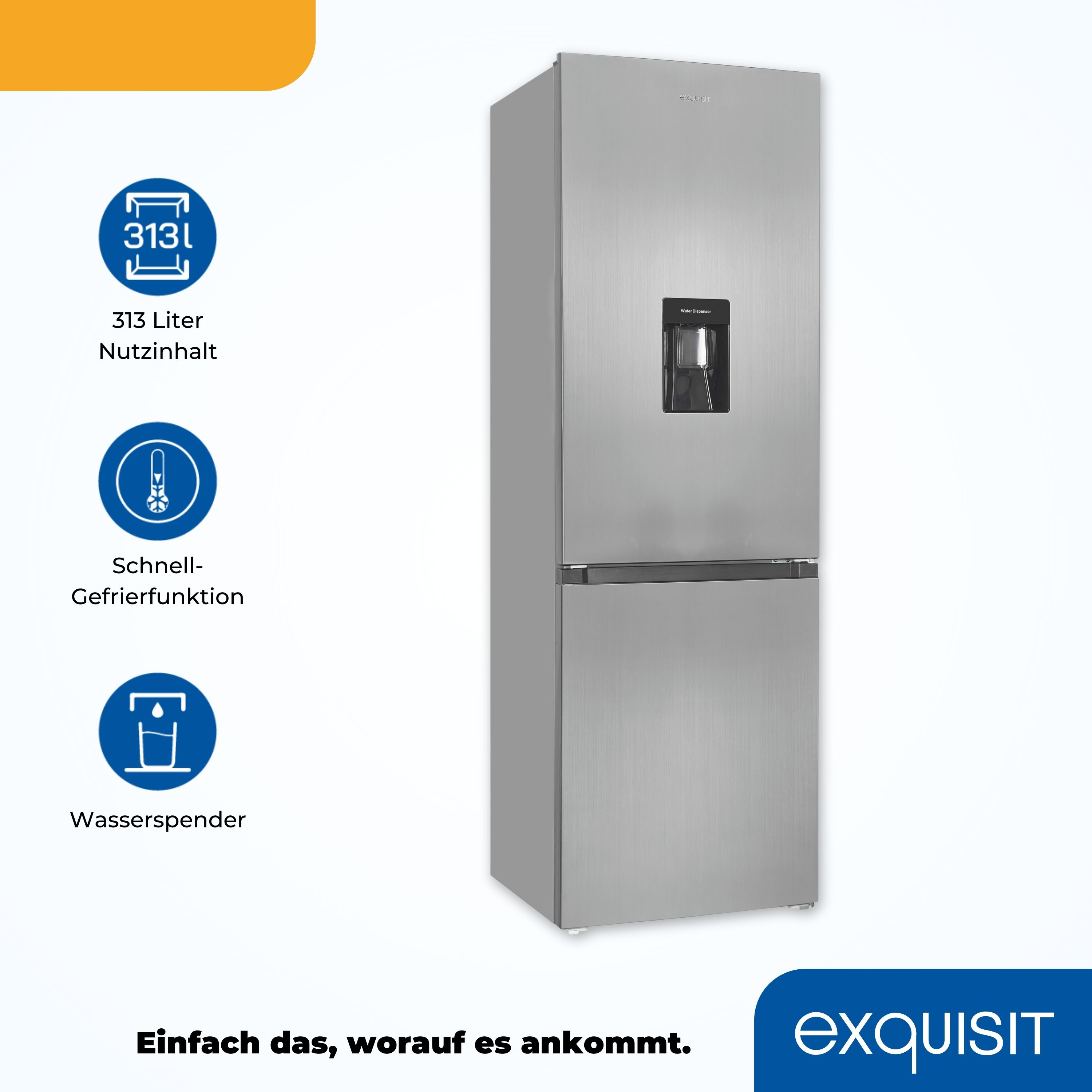 Silberner Exquisit-Kühlschrank mit Wasserspender, zeigt Symbole.