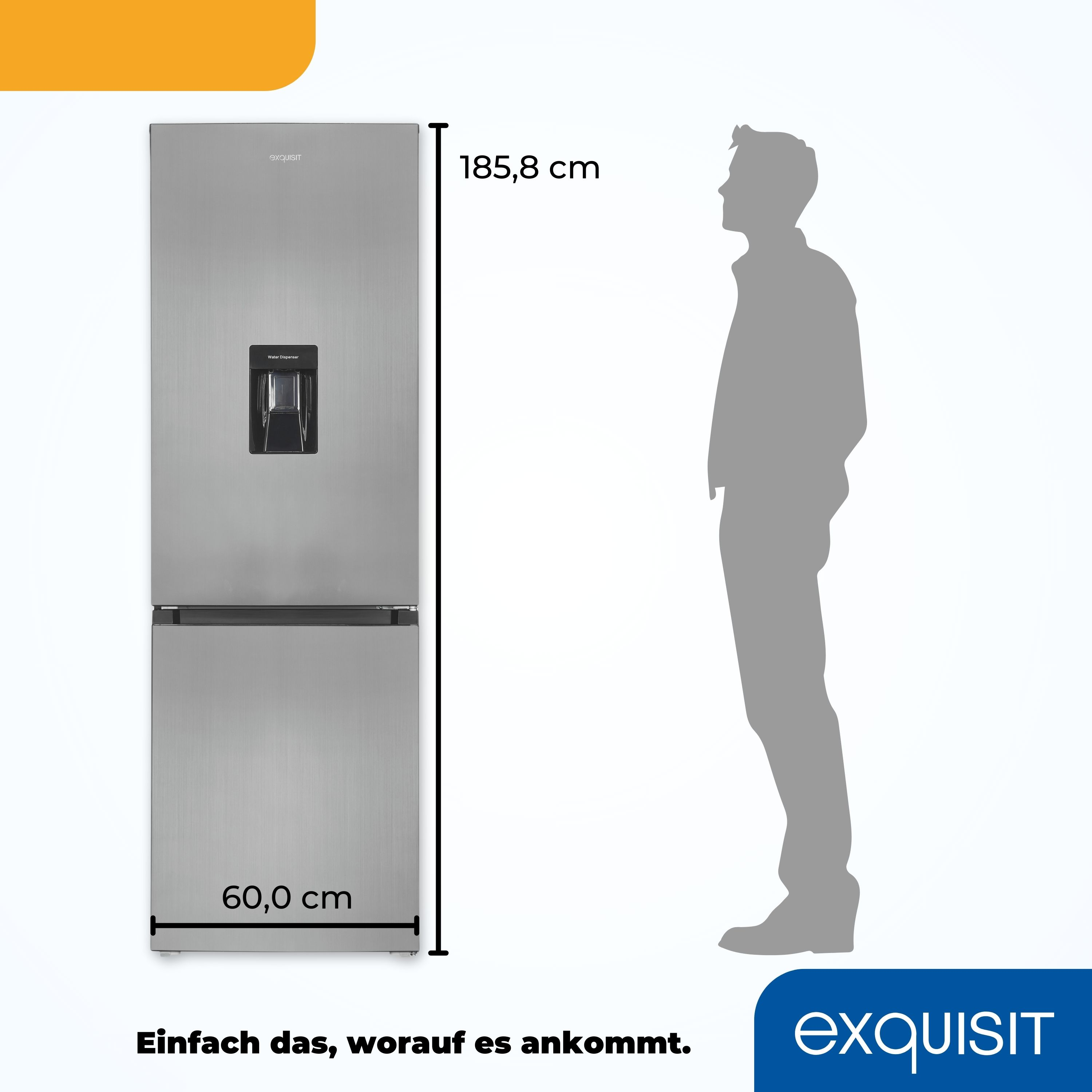 Silberner Kühlschrank mit Wasserspender. Eine Person steht daneben. Etiketten sichtbar.