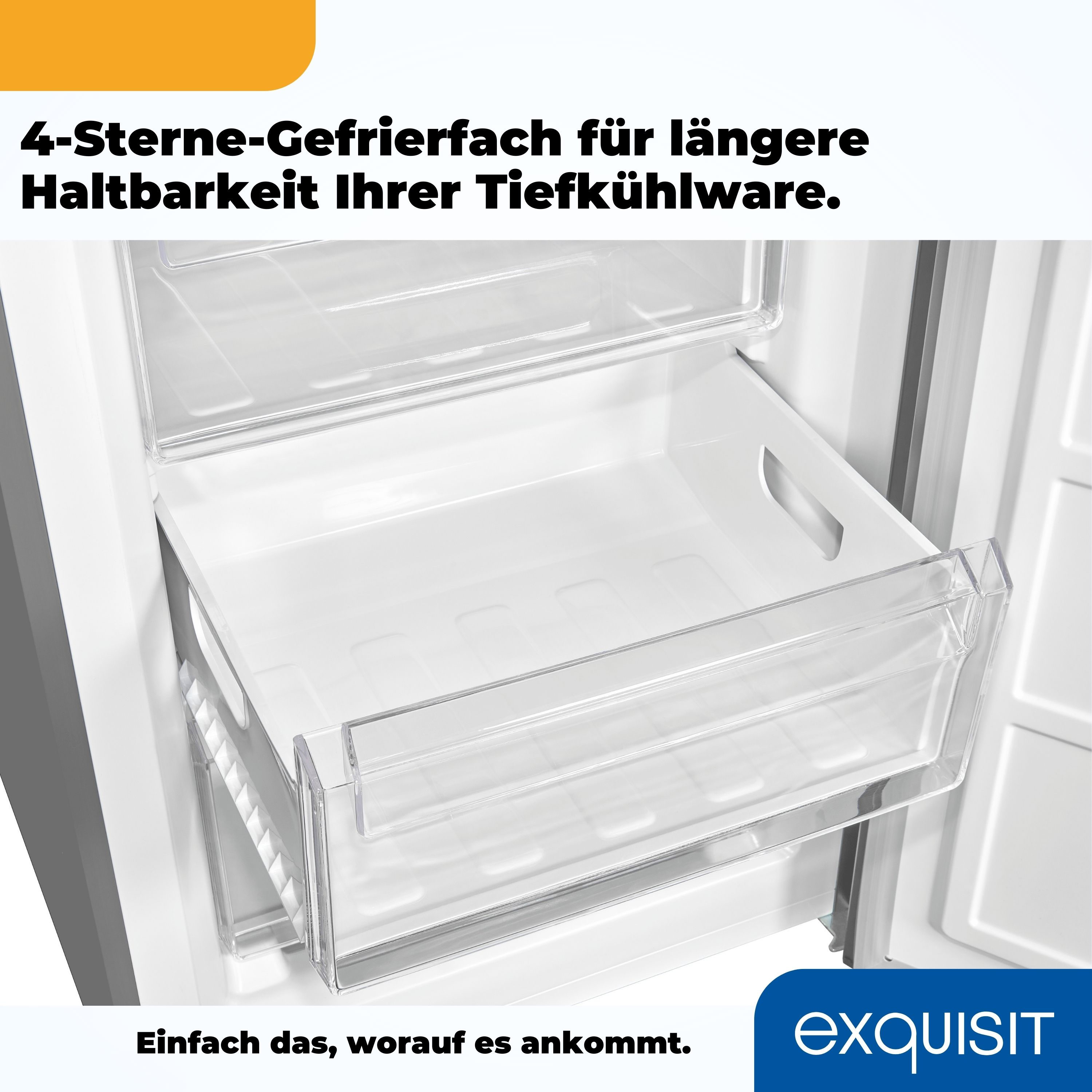 Kühlschrankinnenraum. Weiße Regale und Schubladen. Text: 4-Sterne-Gefrierfach.