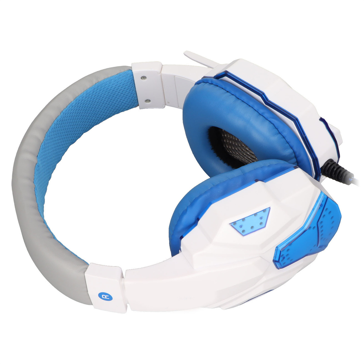 Weißes und blaues Gaming-Headset. Das Headset hat blaue Ohrmuscheln und ein blaues Kopfbandpolster. Es befindet sich auf weißem Hintergrund.