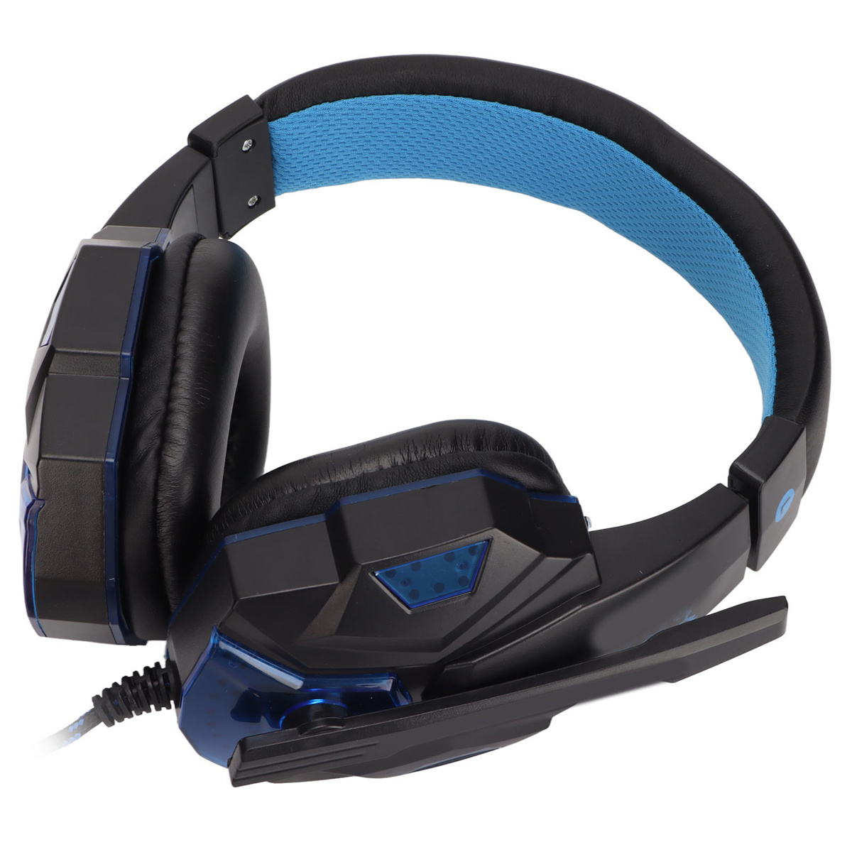 Schwarzes und blaues Gaming-Headset. Es hat ein Mikrofon und ein bequemes Kopfband.