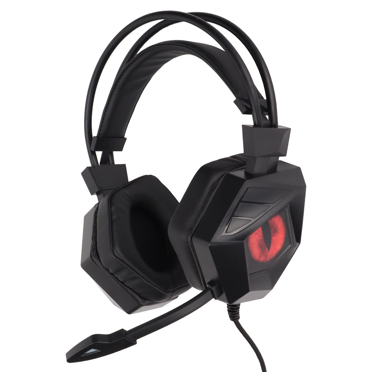 Schwarzes Gaming-Headset mit rotem Augendesign auf der Ohrmuschel, Mikrofon und Kopfband.