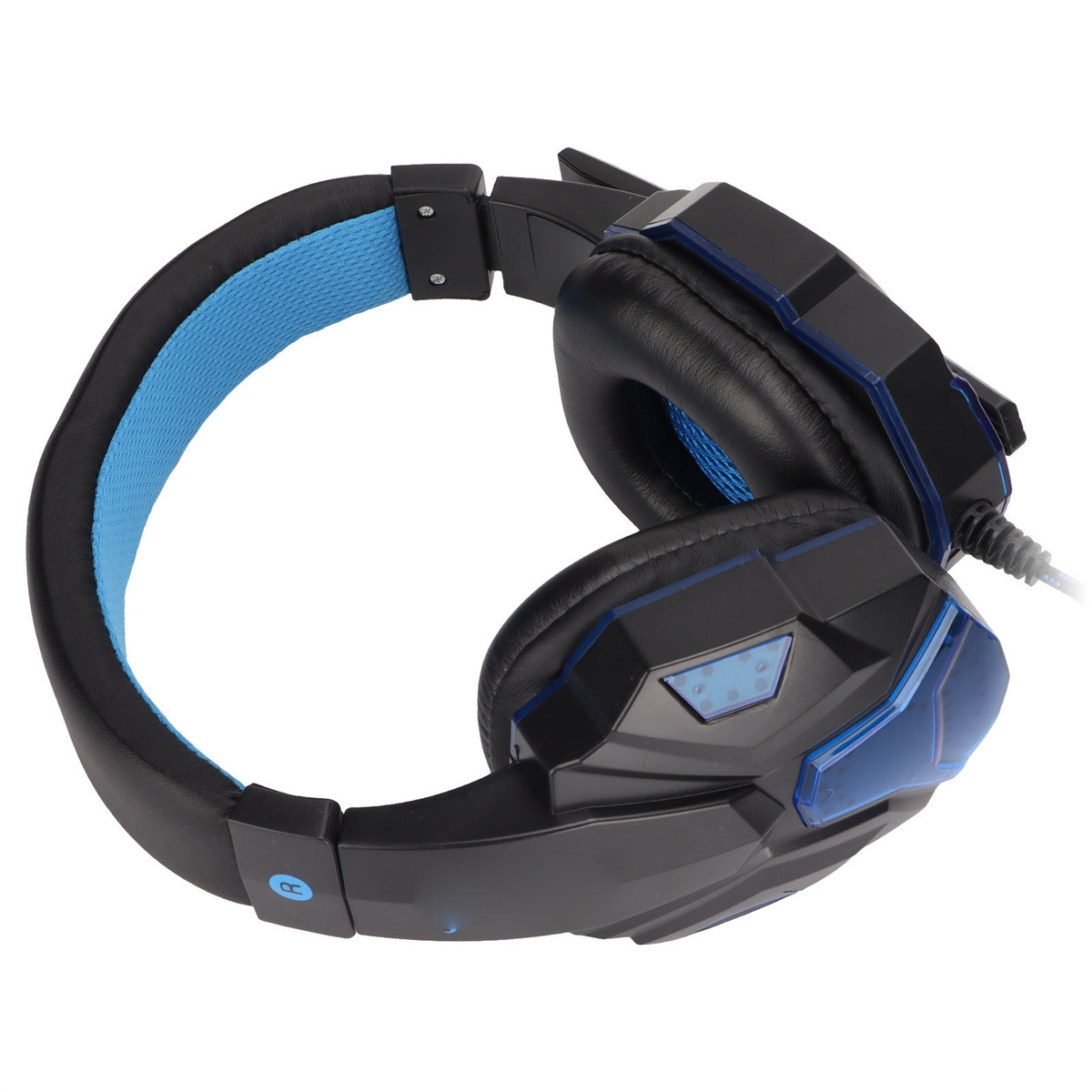 Schwarzes und blaues Gaming-Headset mit Kabel und Ohrmuscheln.