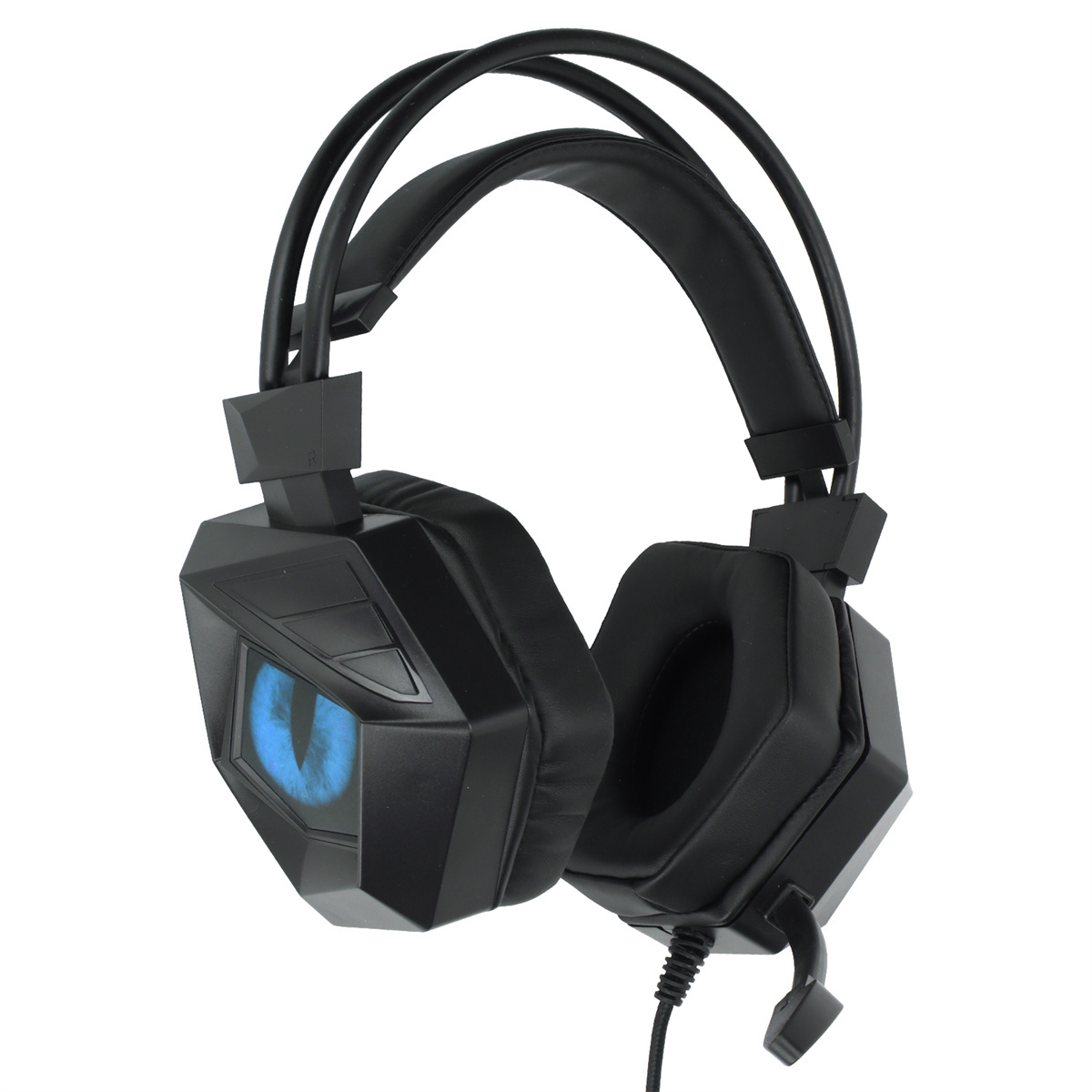 Schwarze Gaming-Kopfhörer mit blauem Augendesign an der Seite. Sie hat ein Kabel und verstellbare Ohrmuscheln.