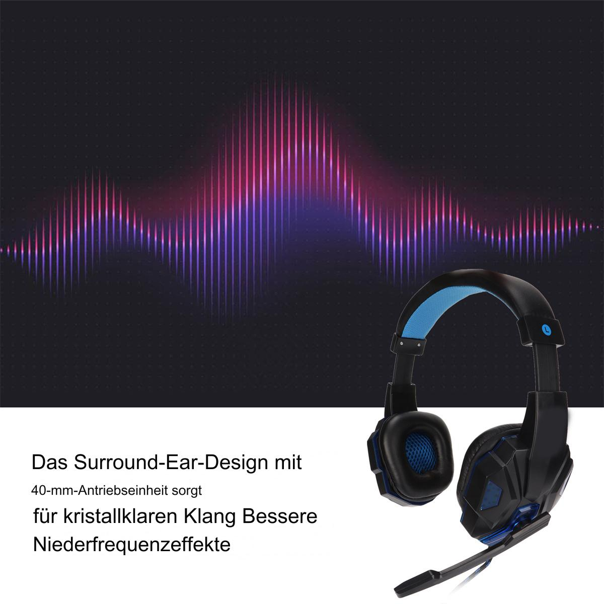 Kopfhörer mit Mikrofon. Im Hintergrund befindet sich eine Grafik mit Schallwellen.