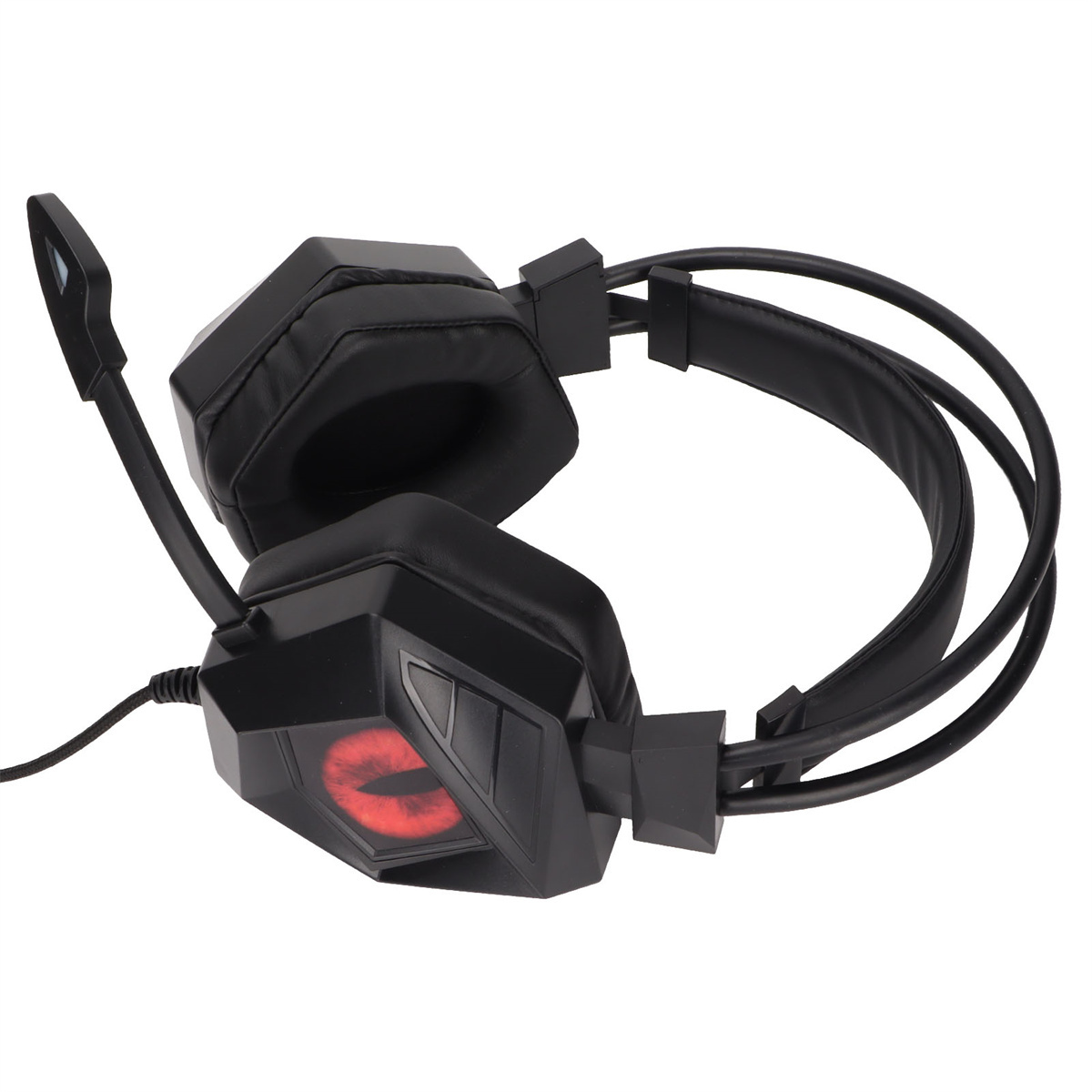 Schwarzes Gaming-Headset mit rotem Licht und Mikrofon.