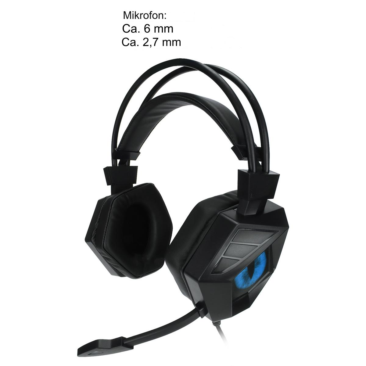 Schwarzes Gaming-Headset mit großen Ohrmuscheln, blauen augenähnlichen Lichtern und Mikrofon. Text: Mikrofon.