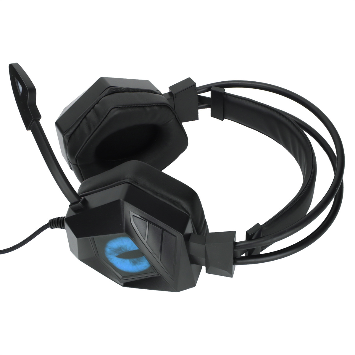Schwarzes Gaming-Headset mit Mikrofon. Es hat blaue Lichter an den Ohrmuscheln und ein Kabel.