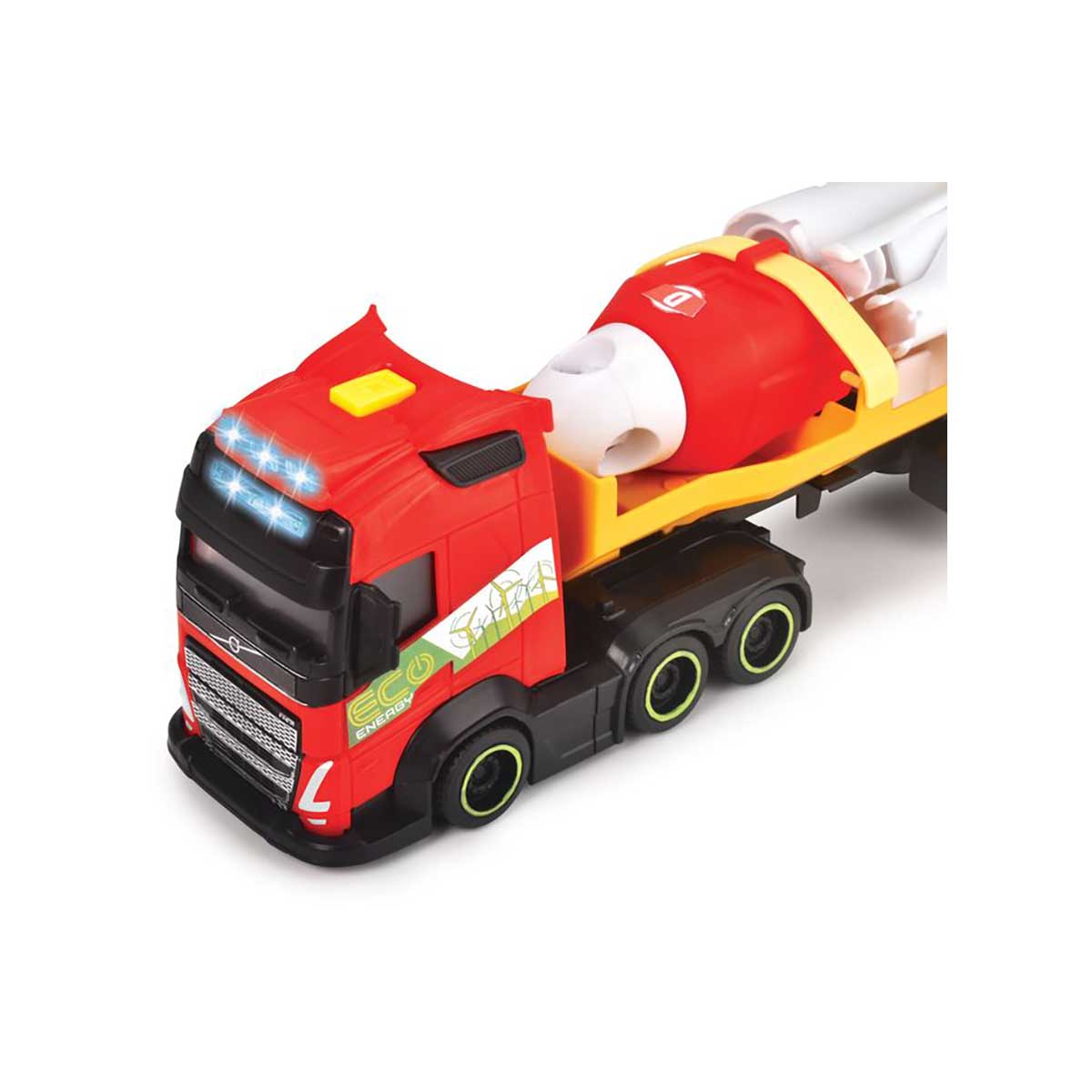 Un camion giocattolo rosso con una betoniera, luci sul tetto e dettagli verdi.