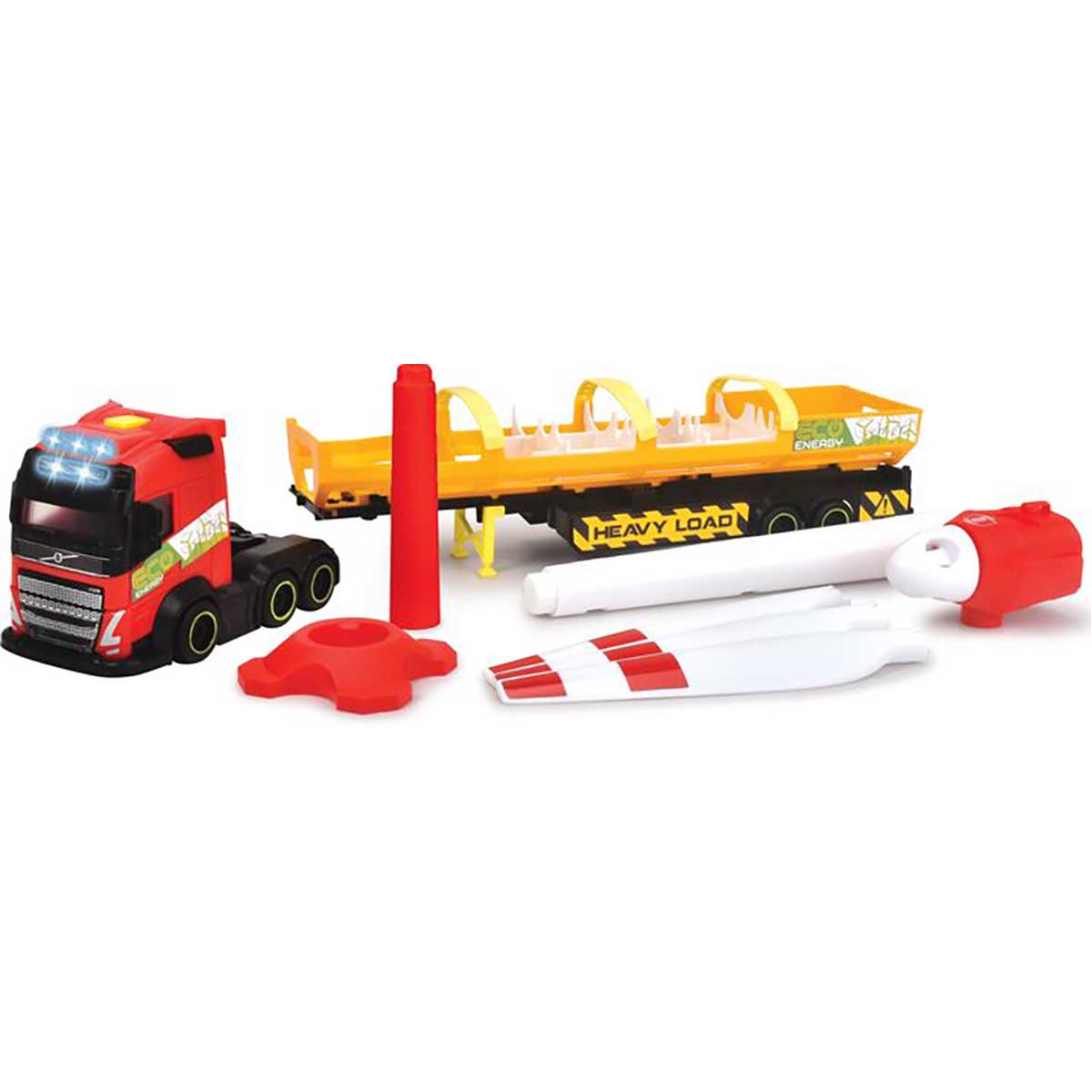 Autocarro giocattolo con rimorchio che trasporta parti di giocattoli. Camion rosso, rimorchio giallo. Sfondo bianco.
